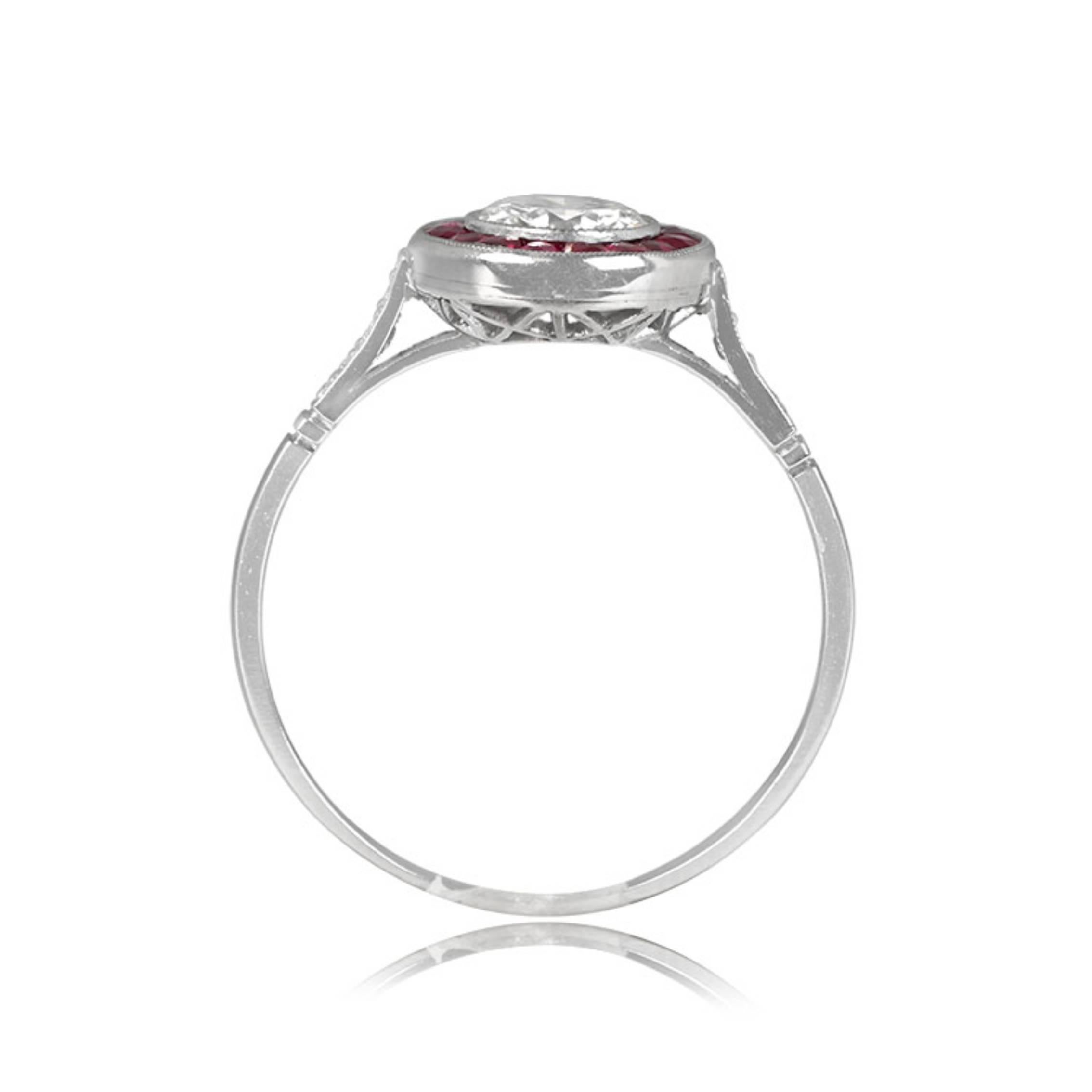 Round Cut 0.74ct Round Brilliant Cut Diamond Engagement Ring, I Color, Ruby Halo, Platinum For Sale
