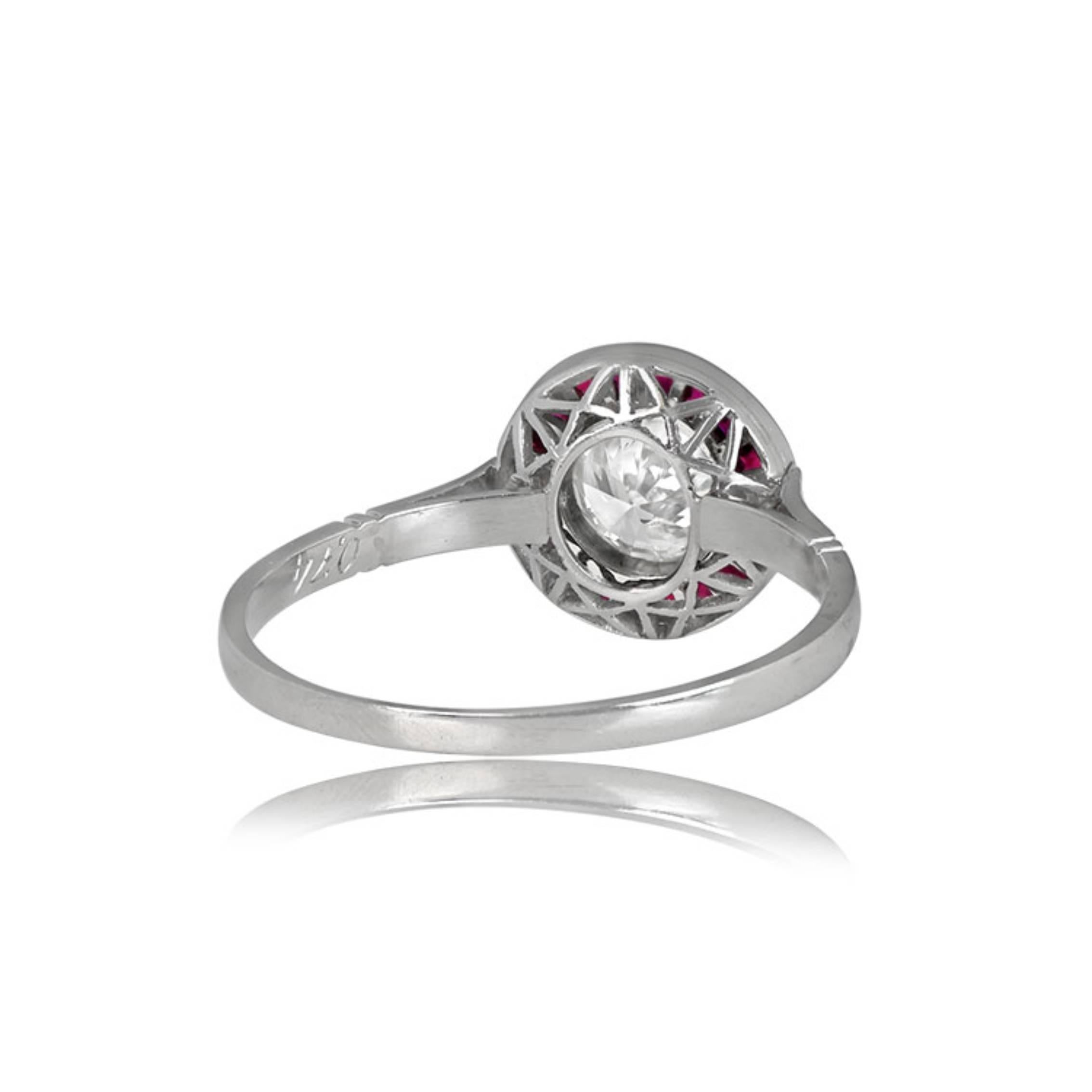 Art Deco 0.74ct Round Brilliant Cut Diamond Engagement Ring, I Color, Ruby Halo, Platinum For Sale