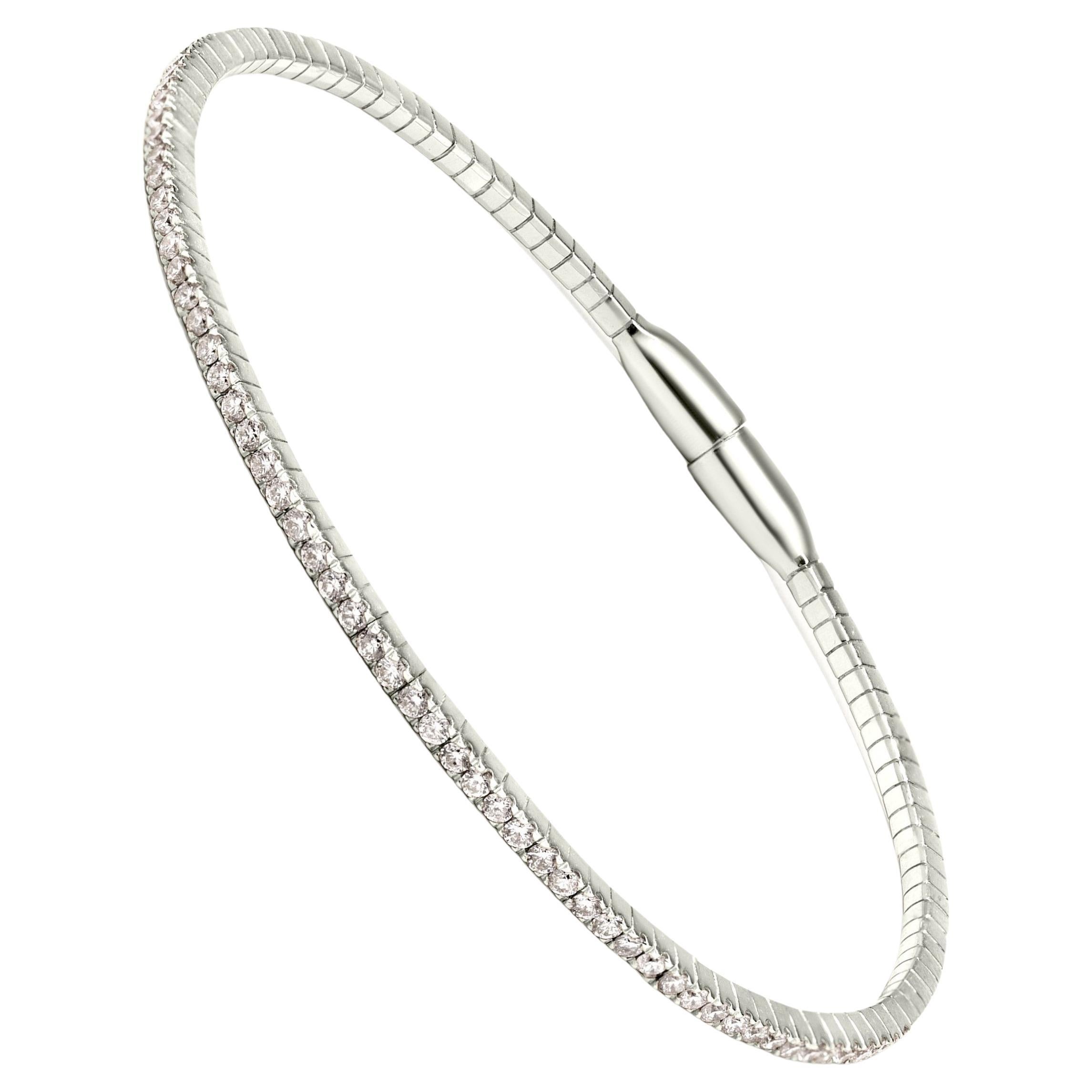0.75 Cttw. Diamond Flex Tennis Bangle Bracelet in White Gold W/Magnetic Clasp For Sale