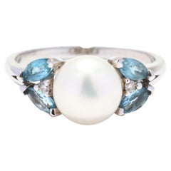  0.74ctw Pearl Diamond Blue Topaz Ring, 10K White Gold, Ring Size 6.75, June