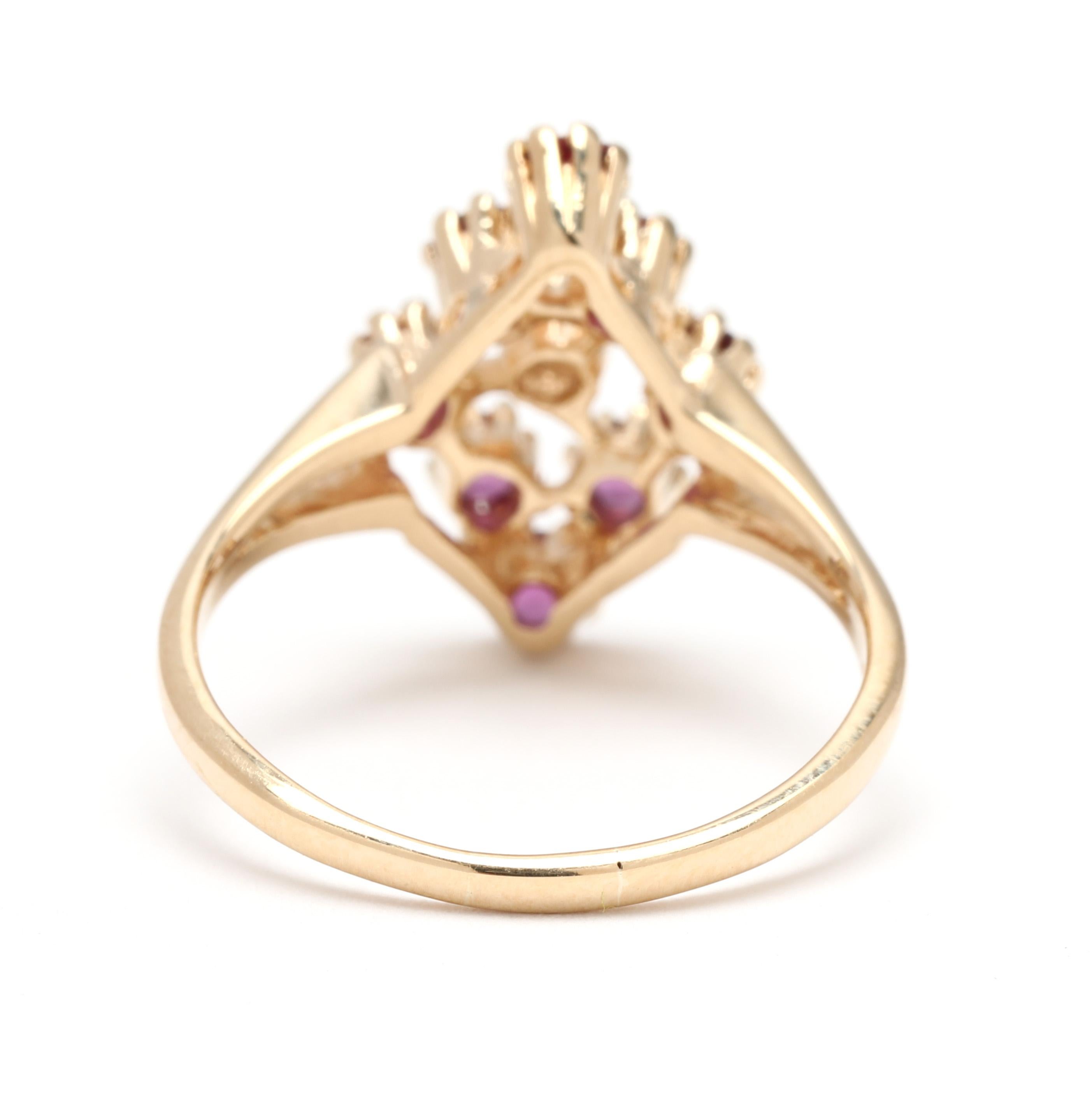 Taille ronde Bague navette avec rubis et diamants 0,74 carat, or jaune 14 carats, taille de bague 6,25 en vente