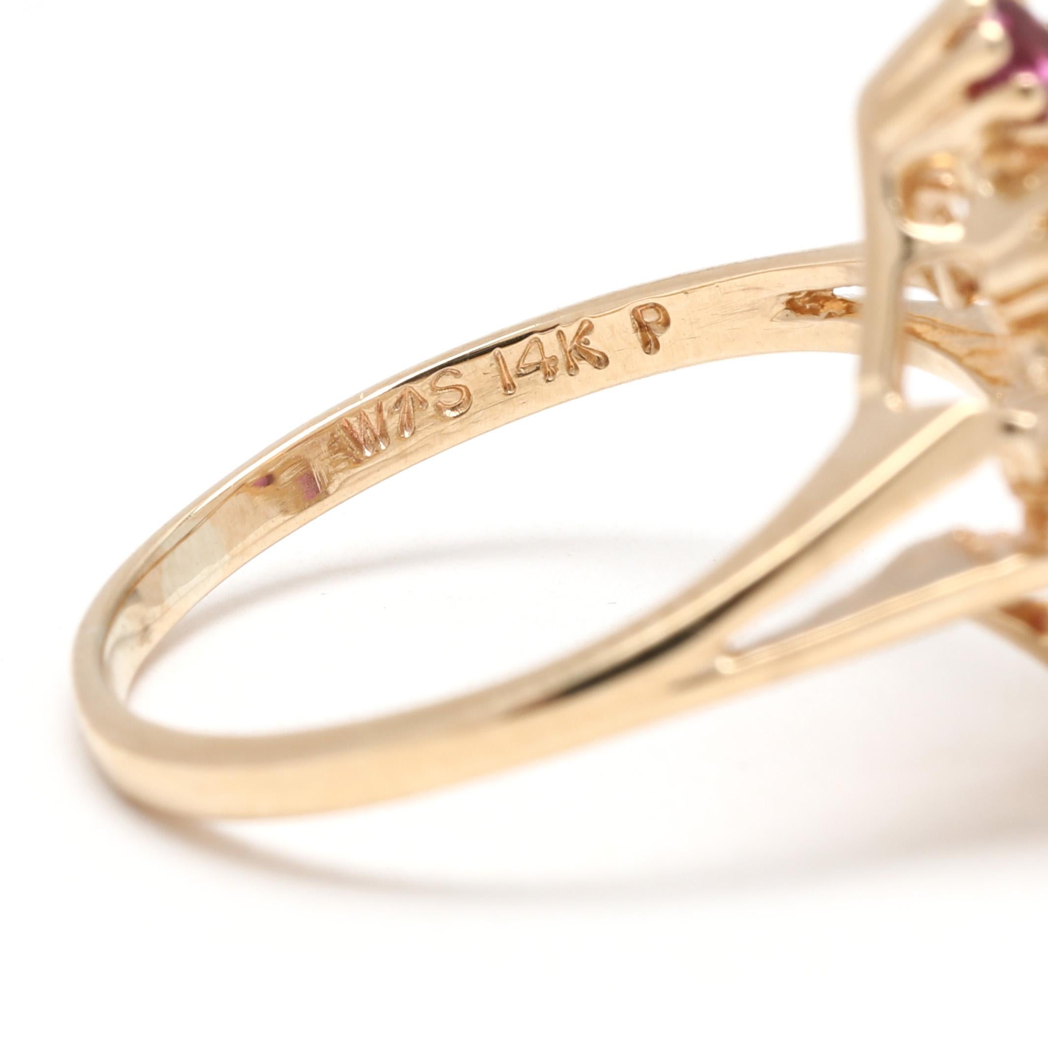 Bague navette avec rubis et diamants 0,74 carat, or jaune 14 carats, taille de bague 6,25 Unisexe en vente