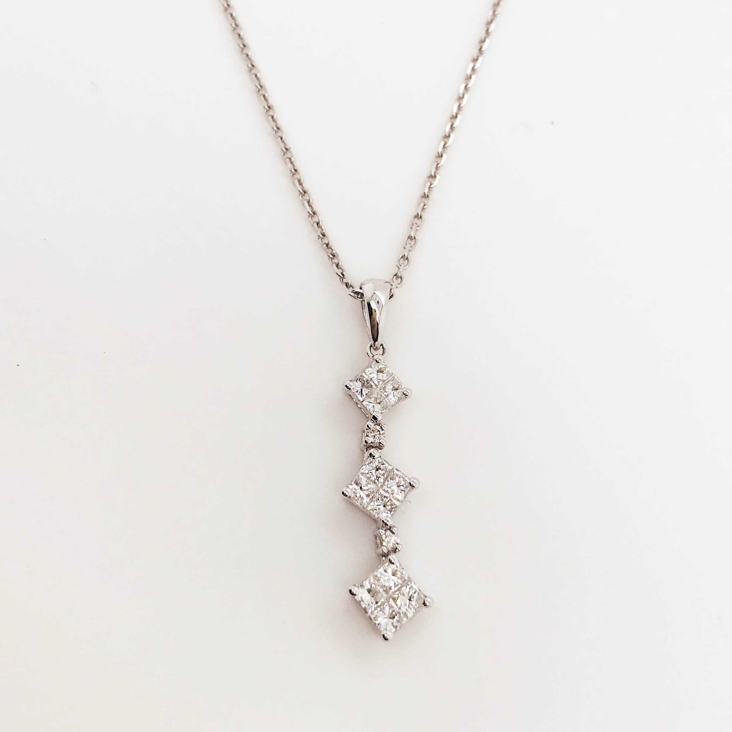 Artisan Diamond Drop Necklace, 0.75 Carat '3/4 Carat' Princess cut, 18 Karat White Gold