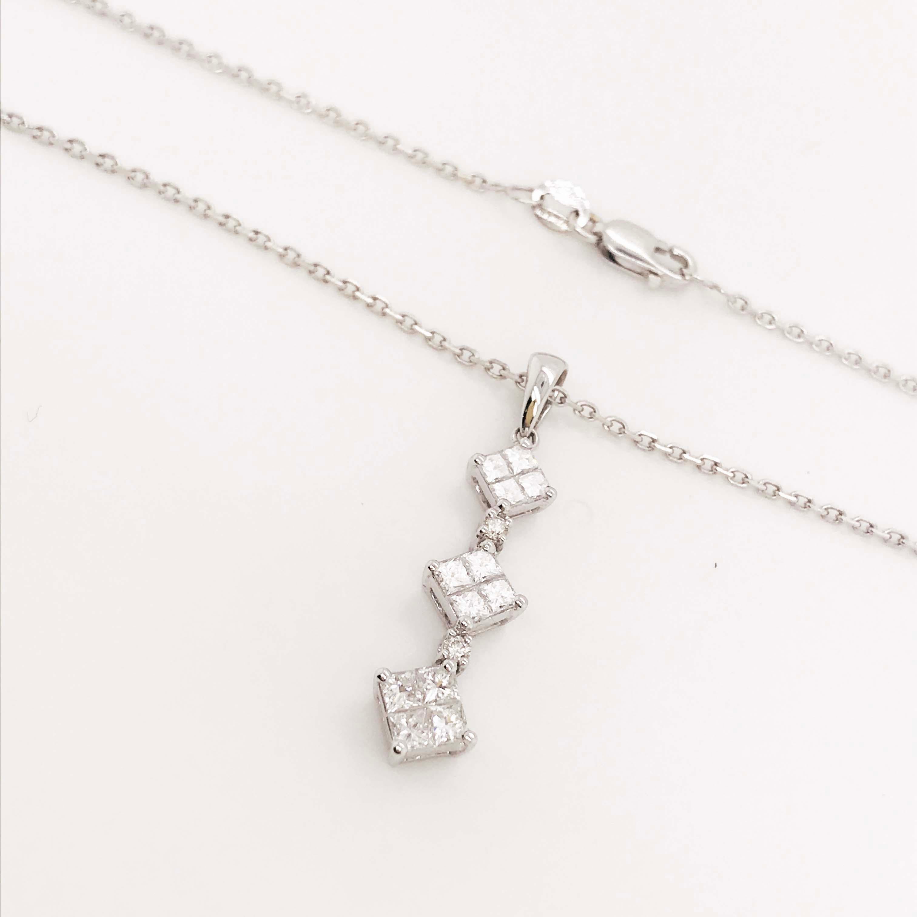 Princess Cut Diamond Drop Necklace, 0.75 Carat '3/4 Carat' Princess cut, 18 Karat White Gold