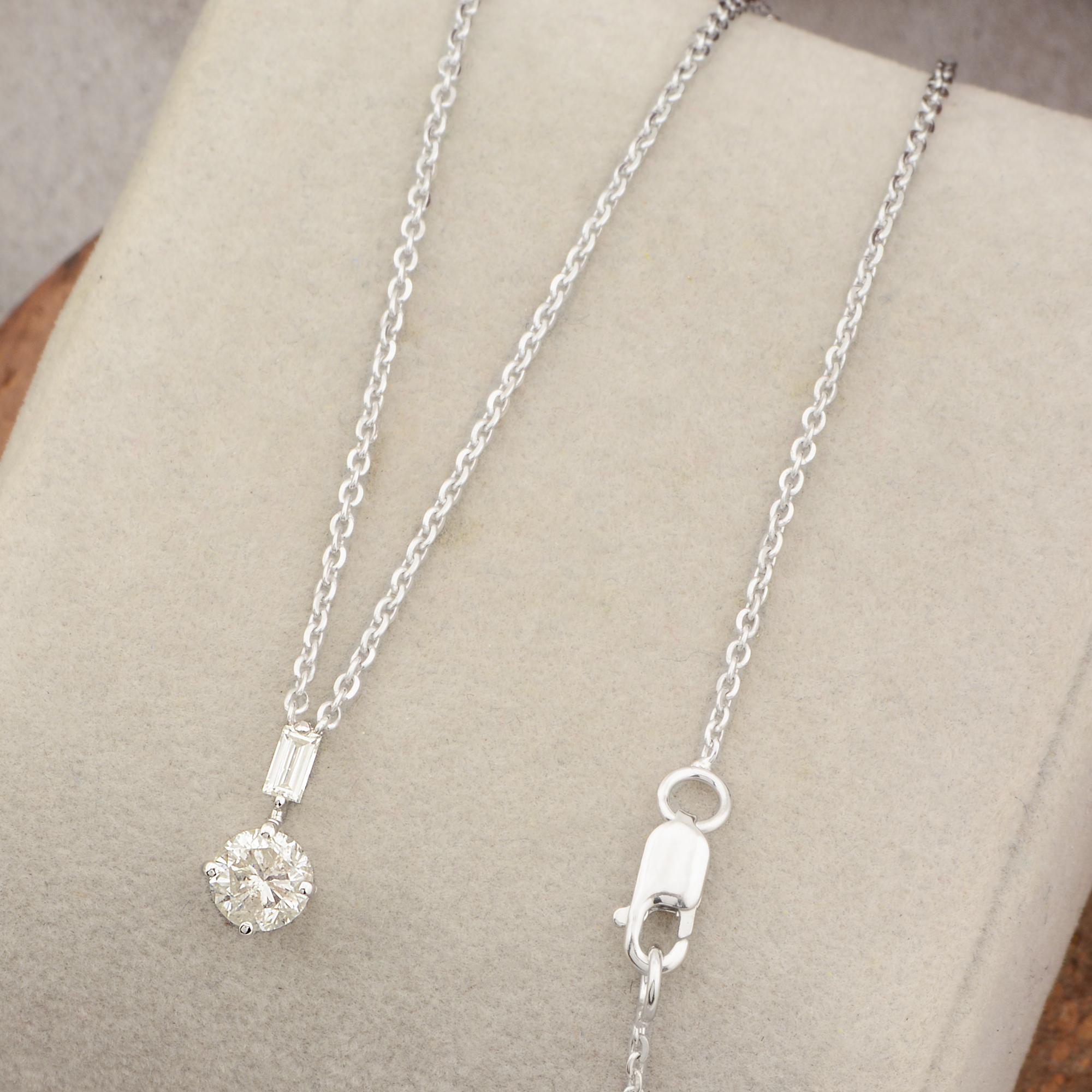 Modern 0.75 Carat Baguette Diamond Charm Pendant Necklace Solid 14k White Gold Jewelry For Sale