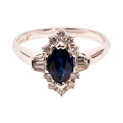 0.75 Carat Blue Marquise Sapphire and Diamond 18 Carat White Gold Ring