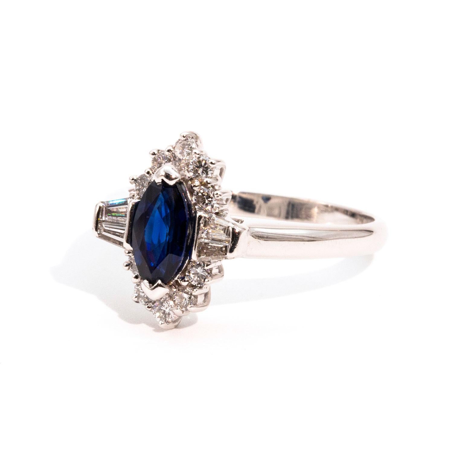 Marquise Cut 0.75 Carat Blue Marquise Sapphire and Diamond 18 Carat White Gold Ring