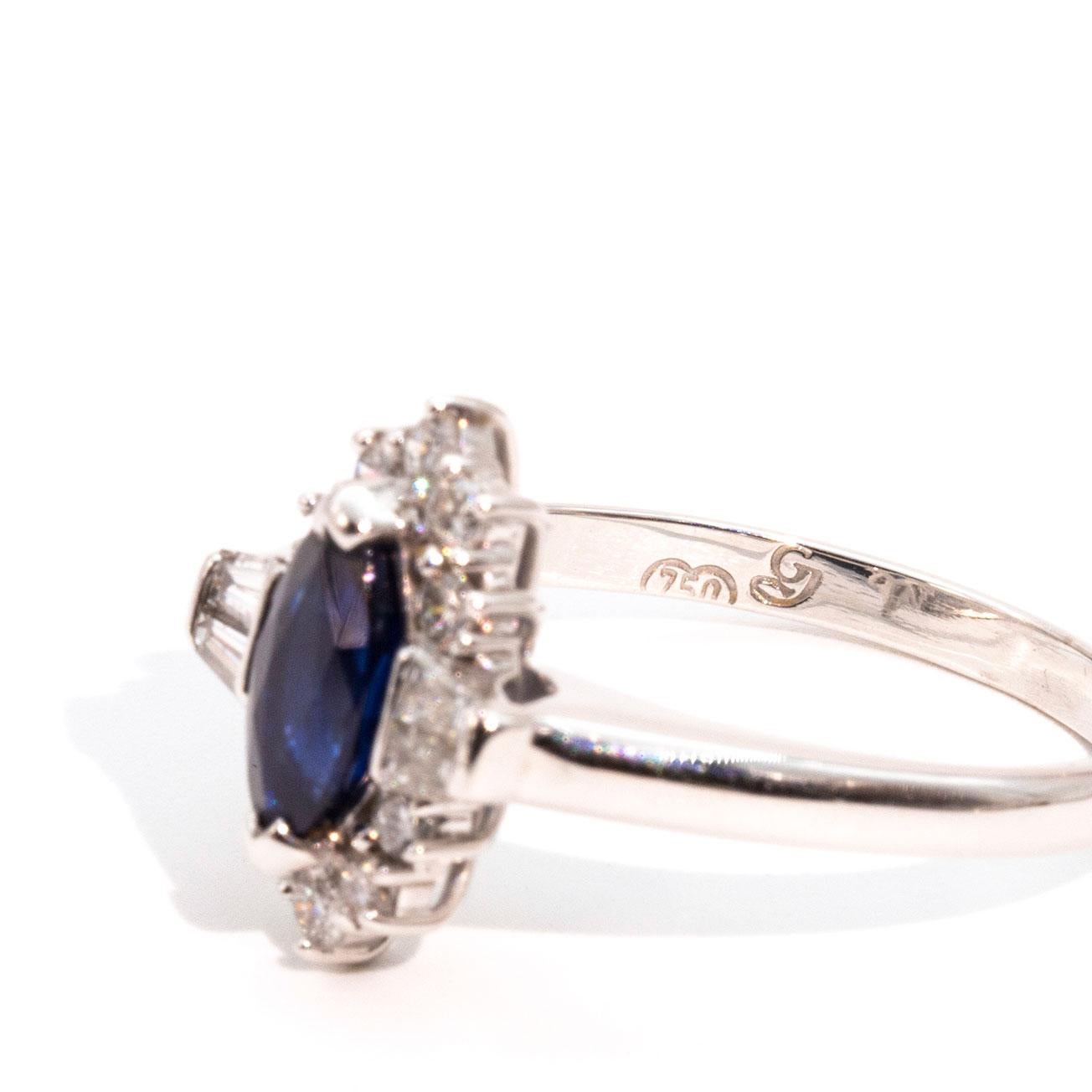0.75 Carat Blue Marquise Sapphire and Diamond 18 Carat White Gold Ring In Good Condition In Hamilton, AU