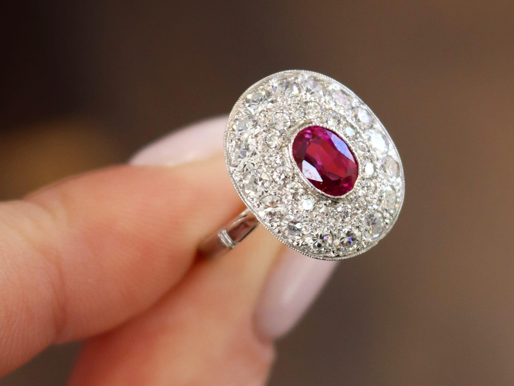 0.75 Carat Burmese Ruby 1.38 Carat Diamond 18k White Gold Halo Ring Circa 1940 In Excellent Condition For Sale In Jesmond, Newcastle Upon Tyne