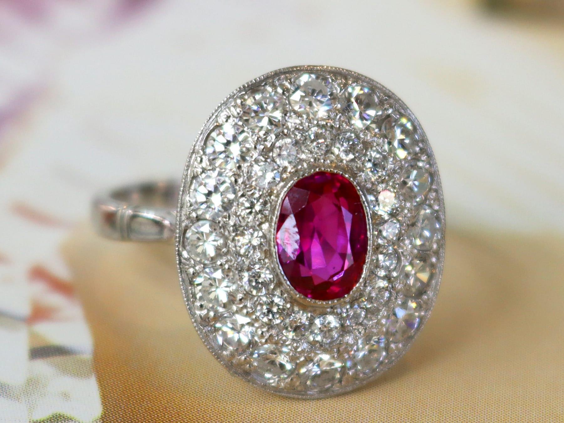 Women's or Men's 0.75 Carat Burmese Ruby 1.38 Carat Diamond 18k White Gold Halo Ring Circa 1940 For Sale