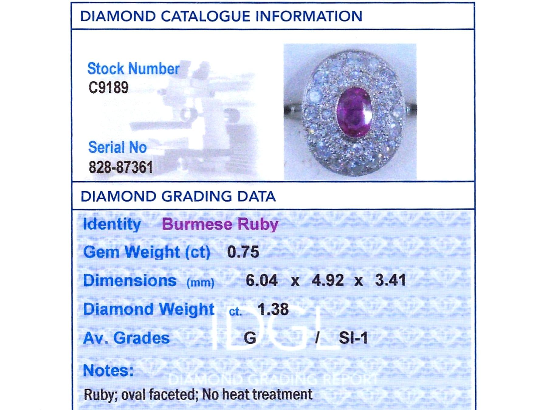 0.75 Carat Burmese Ruby 1.38 Carat Diamond 18k White Gold Halo Ring Circa 1940 For Sale 4