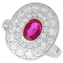 0.75 Carat Burmese Ruby 1.38 Carat Diamond 18k White Gold Halo Ring Circa 1940