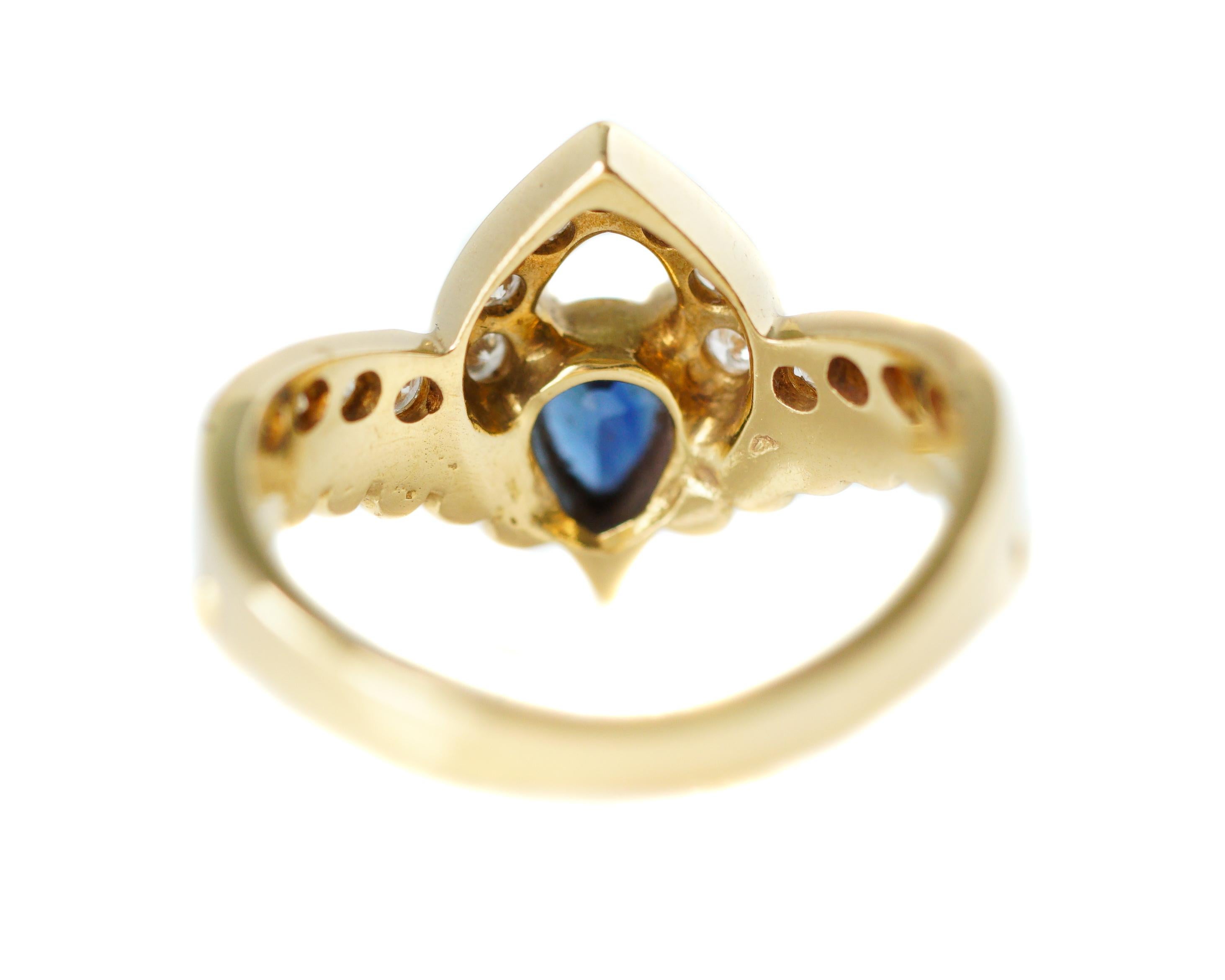 Pear Cut 0.75 Carat Diamond and Sapphire 18 Karat Yellow Gold Ring