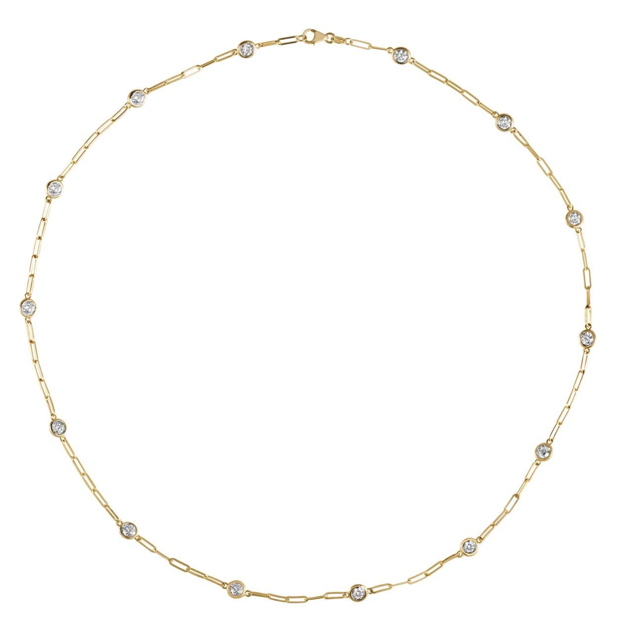0.75 Carat Diamond by the Yard Paper Clip Necklace G SI 14K Yellow Gold 14 stones 18 inches

100% Natural Diamonds, Not Enhanced in any way
0.75CT
G-H 
SI  
14K Yellow Gold, Bezel style, 2.7 gram
18 inches in length, 1/8