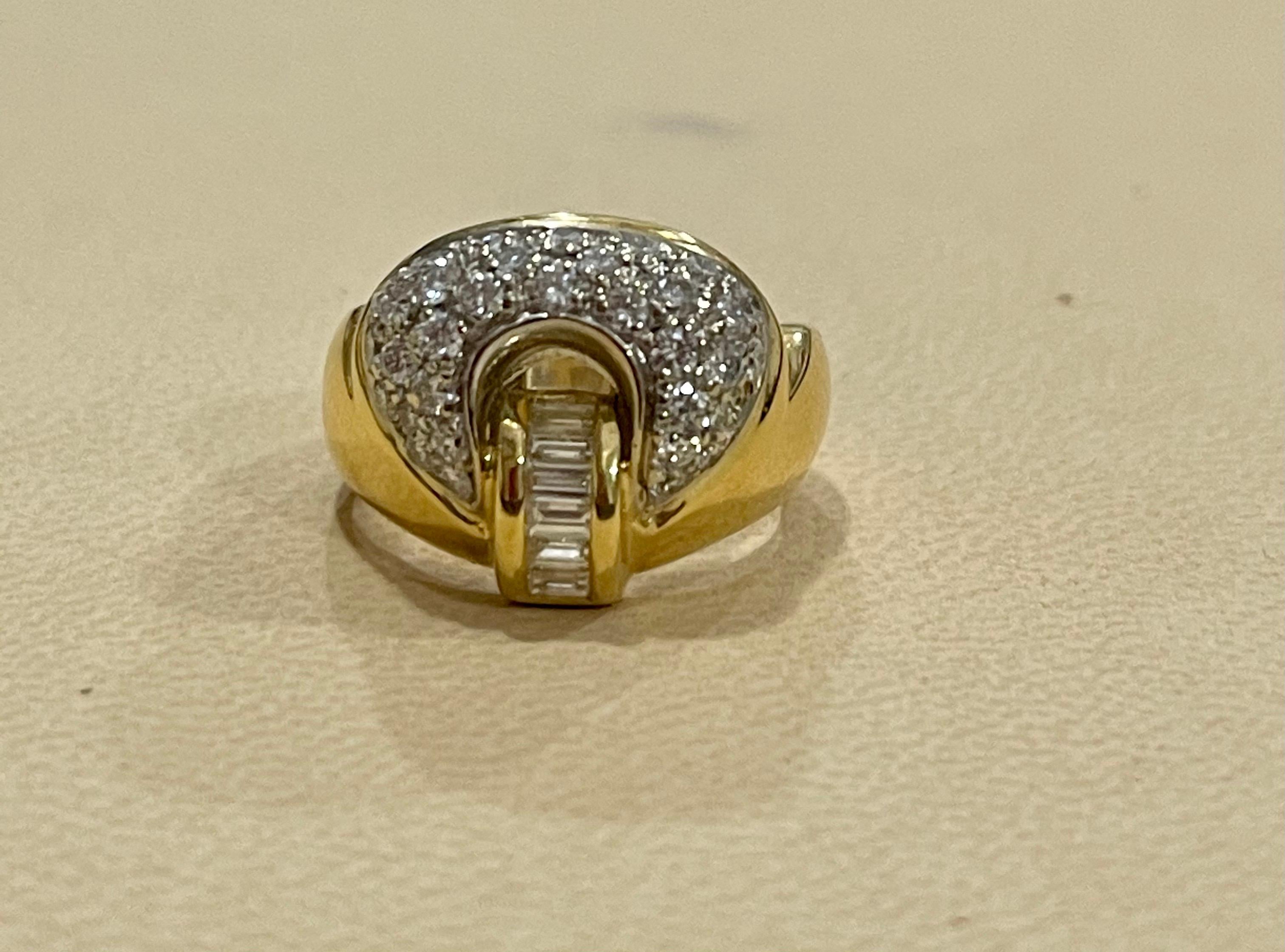 0.75 Carat Diamond Cocktail 18 Karat Yellow Gold Ring Size 4
18 K gold Stamped  9.2 Grams. Made in Italy
Diamond VS quality and G/H color.

There are  brilliant cut Round diamonds in the ring with few baguettes

Ring size is approximately  4 but can