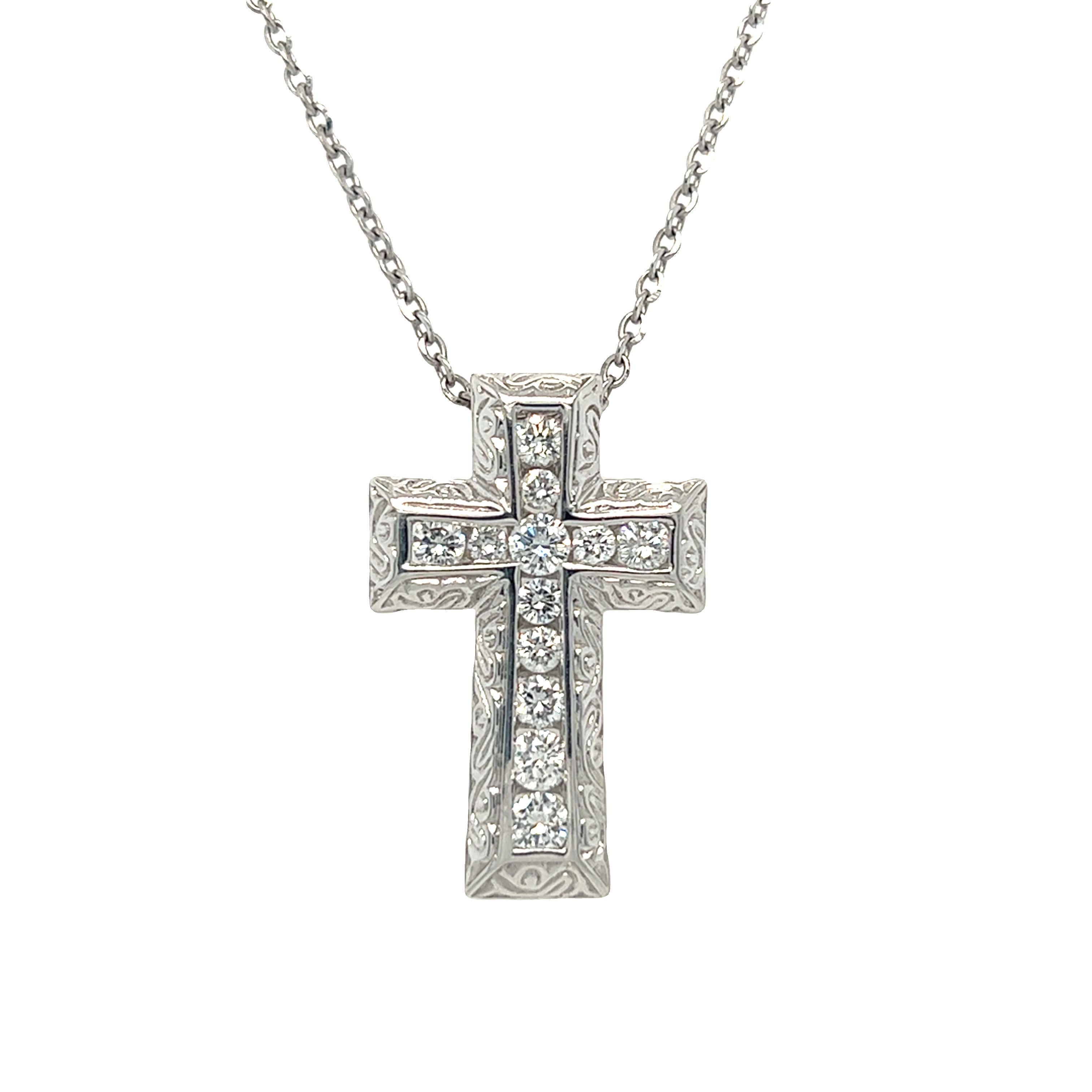 Round Cut Diamond Cross Pendant Necklace 14K White Gold For Sale