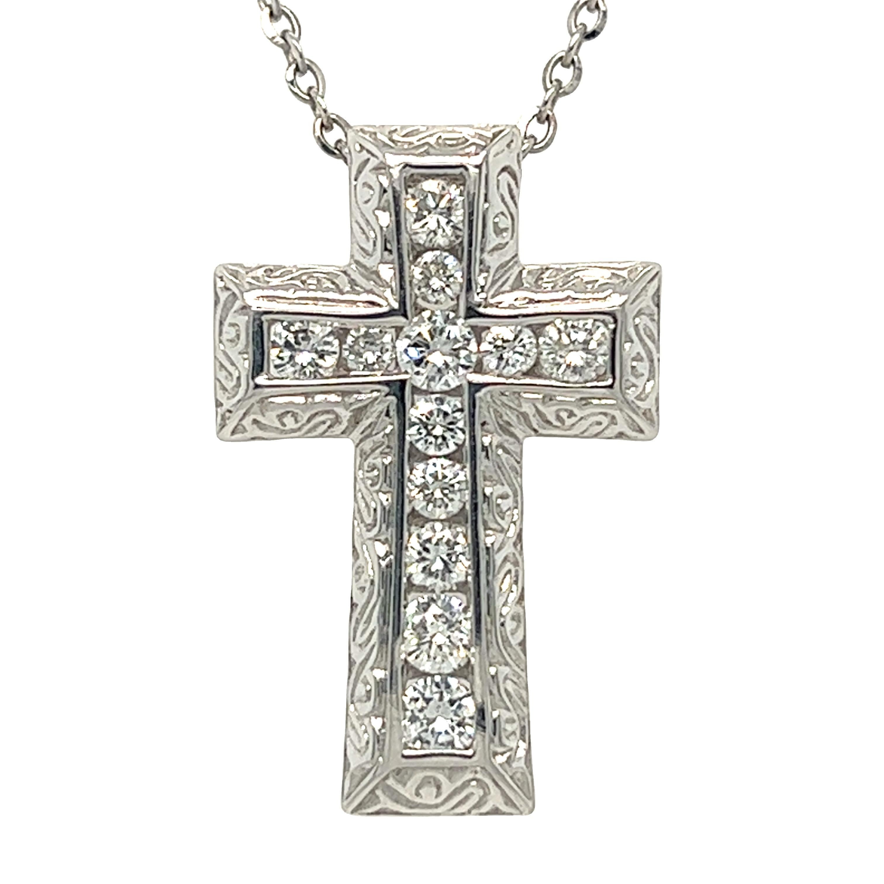 Diamond Cross Pendant Necklace 14K White Gold For Sale 1