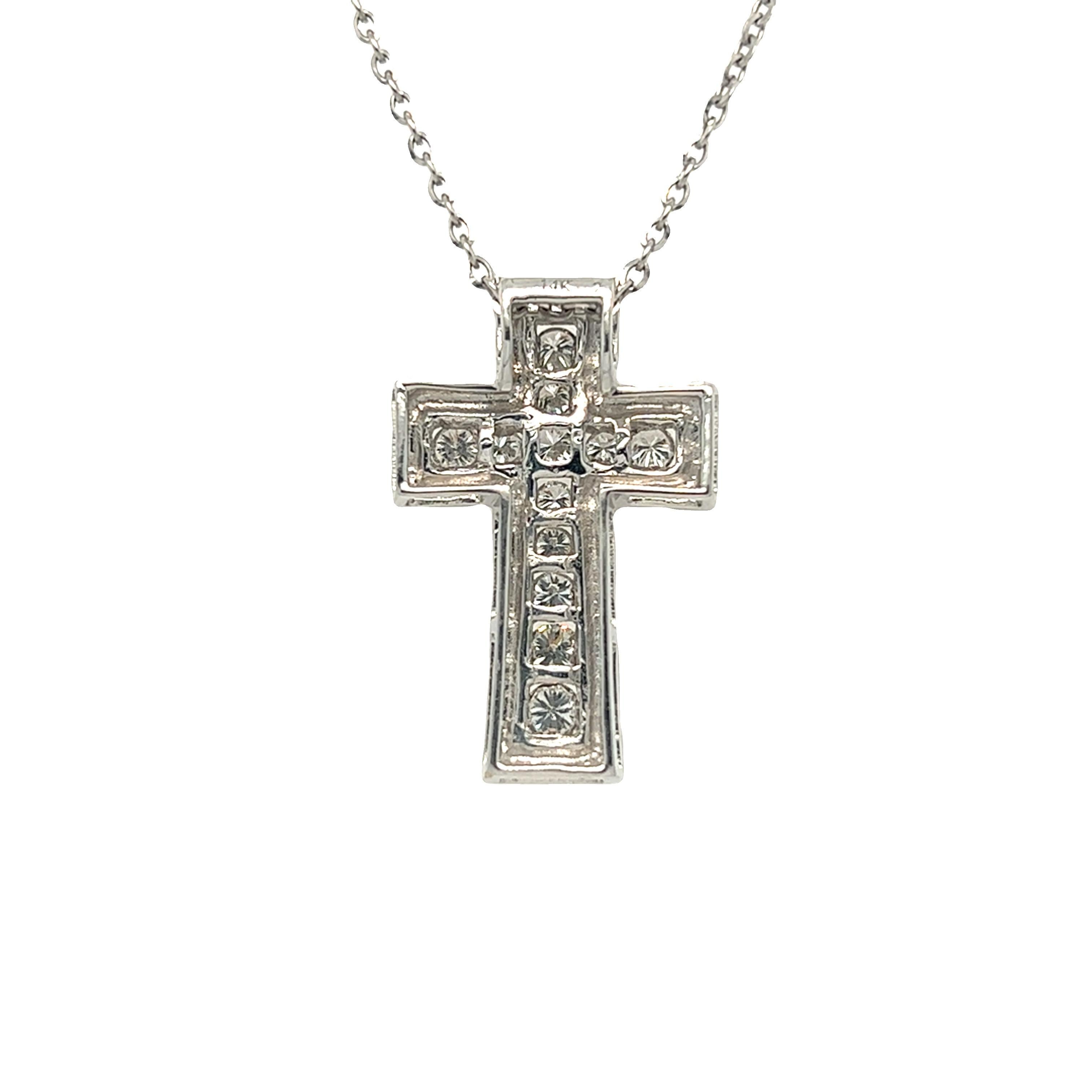 Diamond Cross Pendant Necklace 14K White Gold For Sale 2