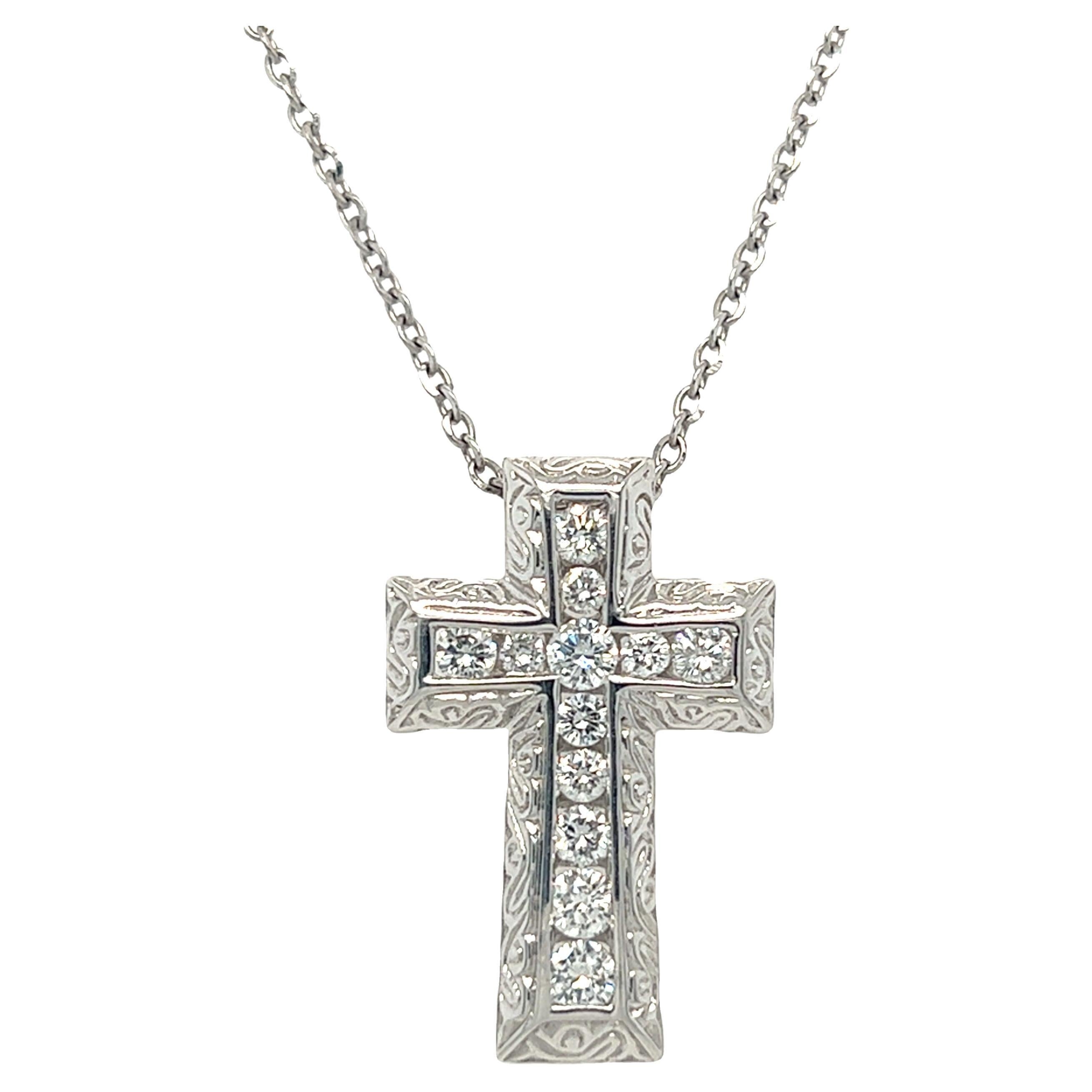 Diamond Cross Pendant Necklace 14K White Gold For Sale