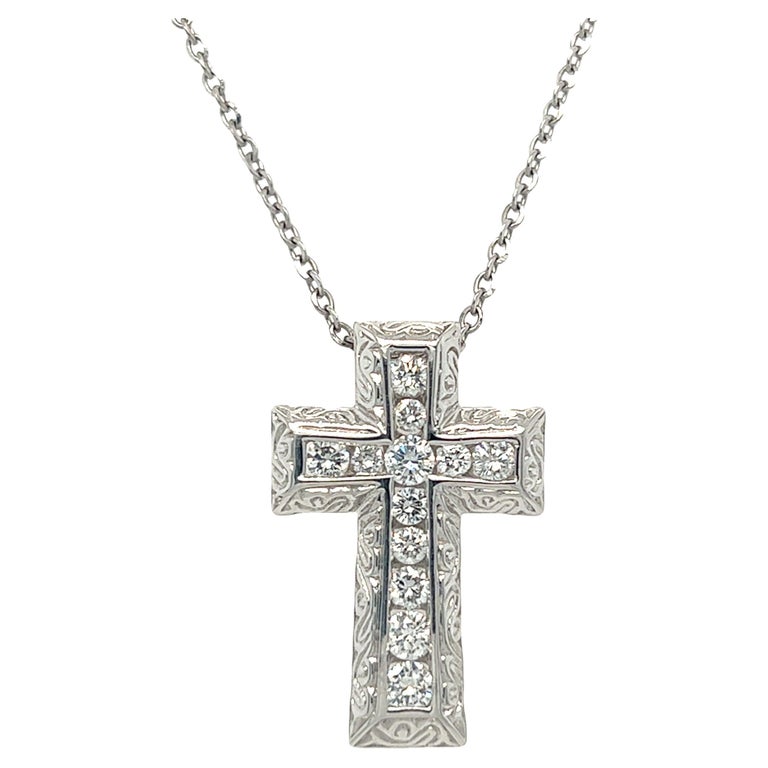 Collier Ancien Or Blanc 14K Avec Croix Sertie De Diamants Baguettes - Pendentif Et Chaîne