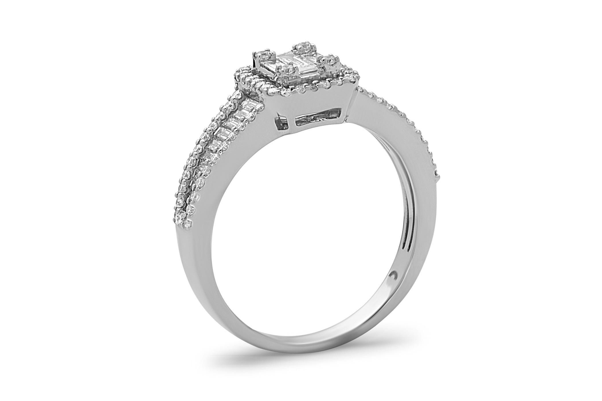 Baguette Cut 0.75 Carat Diamond Emerald Cut Cluster Ring For Sale