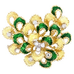 0.75 Carat Diamond Green Enamel Brooch in 18 Karat Gold