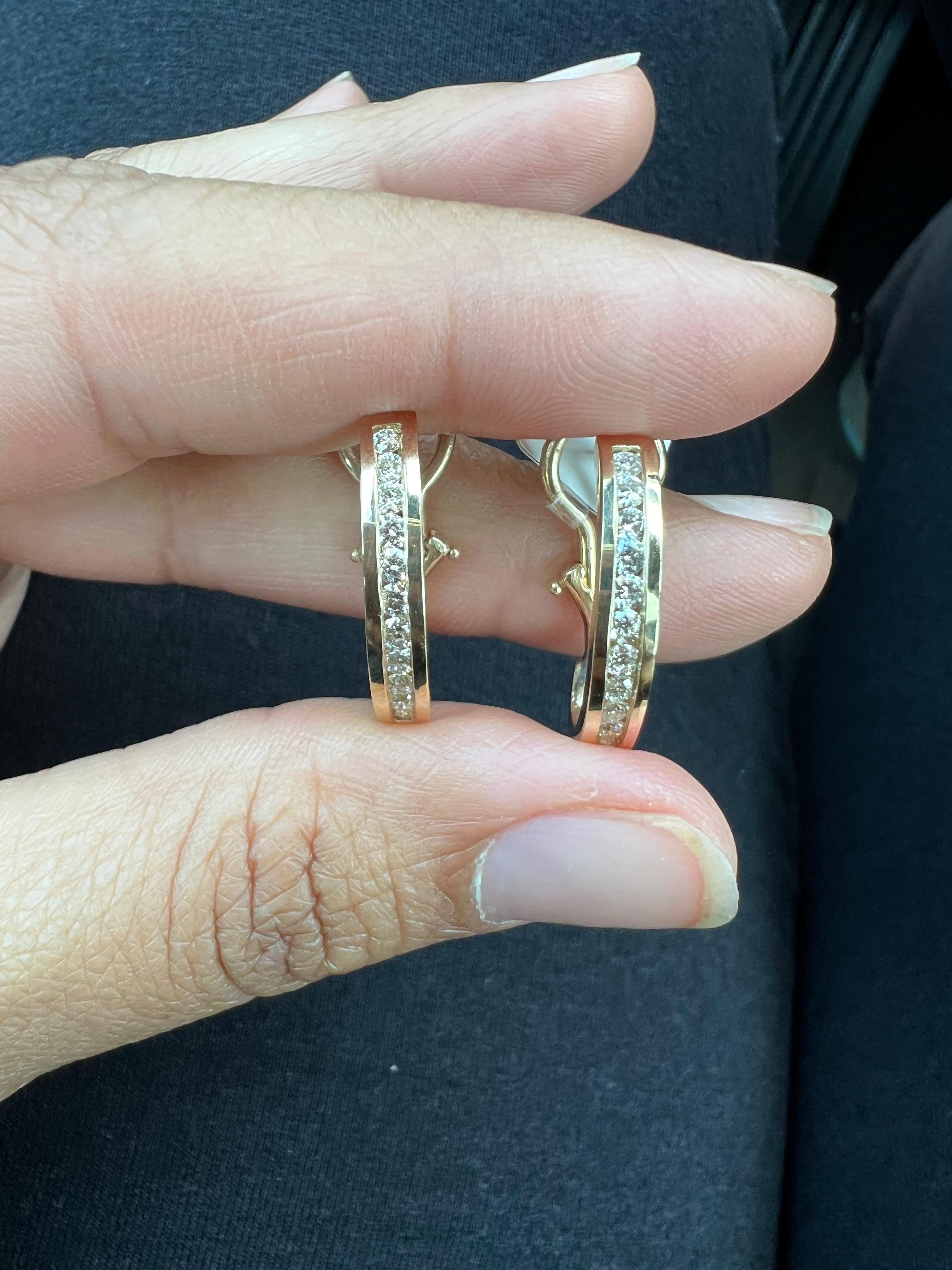 0.75 Carat Diamond Hoop Earrings 14 Karat Yellow Gold For Sale 3