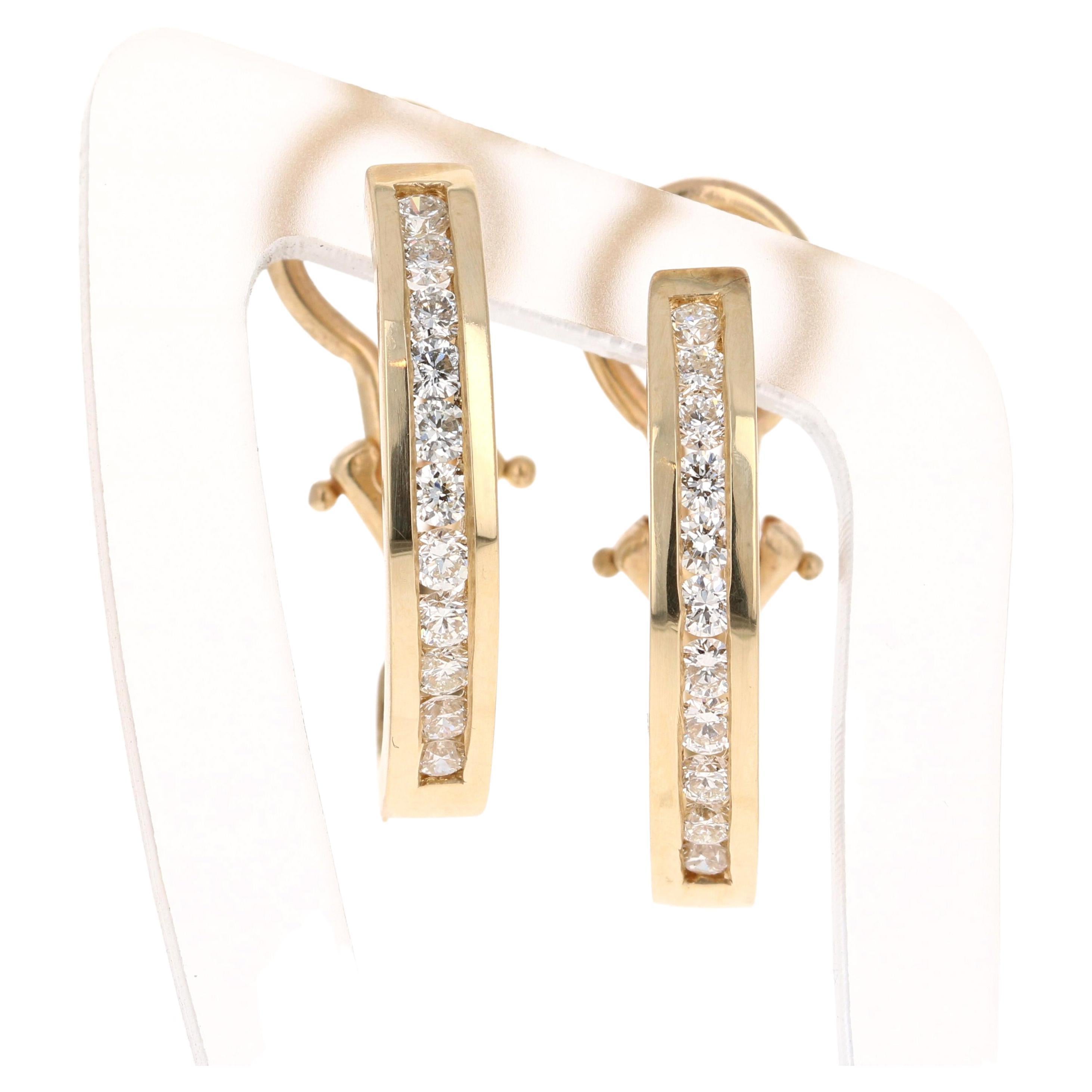 0.75 Carat Diamond Hoop Earrings 14 Karat Yellow Gold For Sale