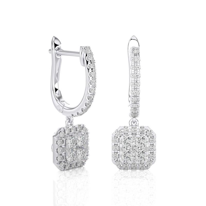 The Moonlight Cushion Cluster Lever Back Earrings are a radiant masterpiece, crafted from 2.67 grams of 14K white gold. These earrings showcase a stunning cluster of 72 excellent round diamonds, totaling 0.75 carats. The design is both elegant and