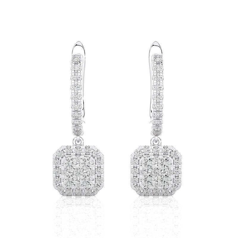 Round Cut 0.75 Carat Diamond Moonlight Cushion Cluster Earring in 14K White Gold For Sale