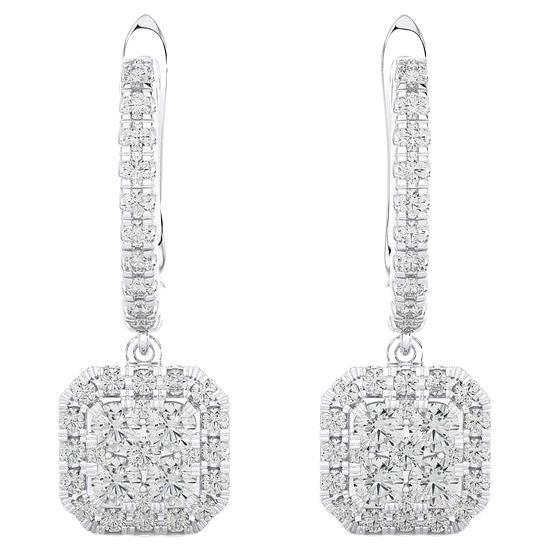 0,75 Karat Diamant-Mondlicht-Cluster-Ohrring mit Kissenschliff aus 14 Karat Weißgold im Angebot