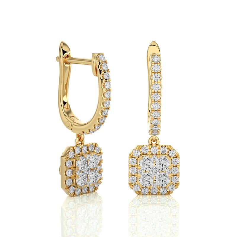 The Moonlight Cushion Cluster Lever Back Earrings are a radiant masterpiece, crafted from 2.67 grams of 14K yellow gold. These earrings showcase a stunning cluster of 72 excellent round diamonds, totaling 0.75 carats. The design is both elegant and