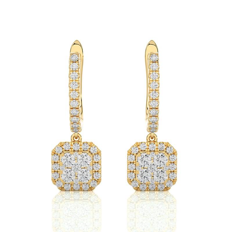 Round Cut 0.75 Carat Diamond Moonlight Cushion Cluster Earring in 14K Yellow Gold For Sale