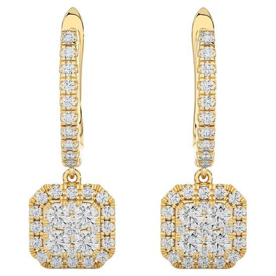 0.75 Carat Diamond Moonlight Cushion Cluster Earring in 14K Yellow Gold For Sale