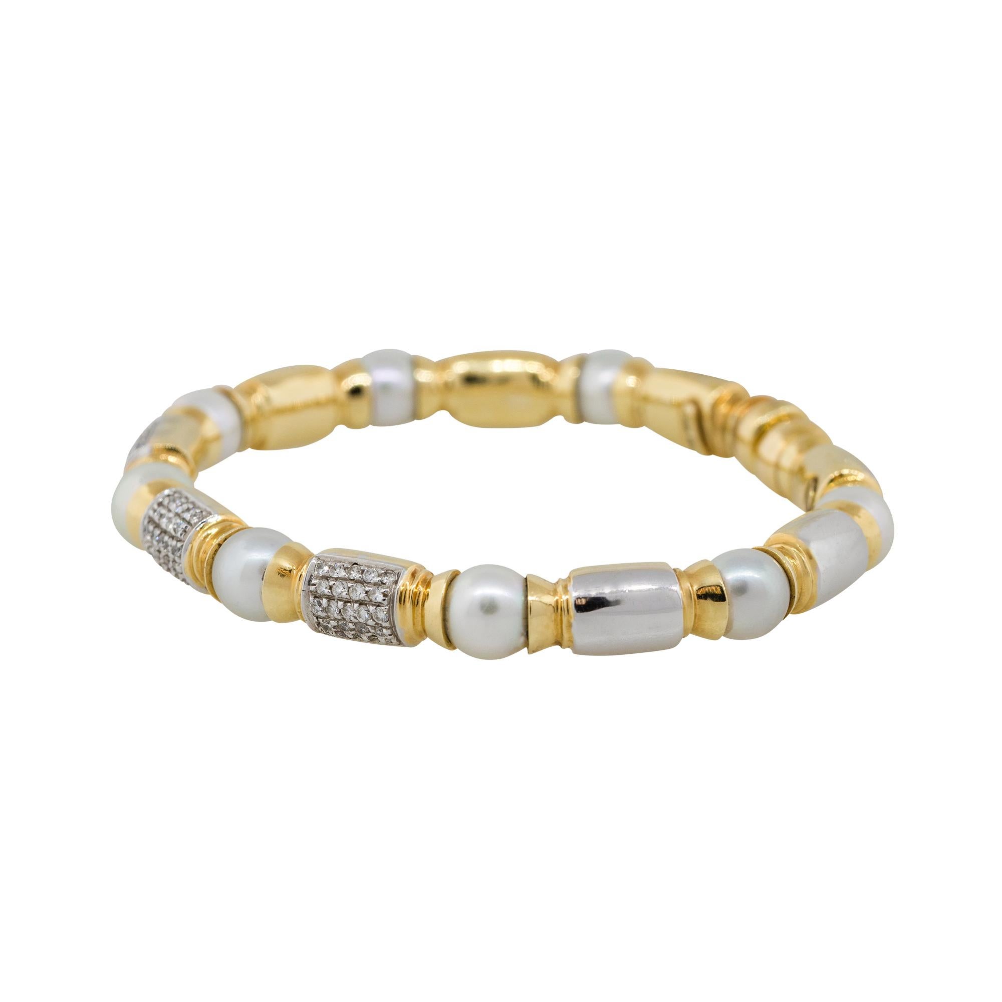 Material: 18k yellow gold
Diamond details: Approx. 0.75ctw of round cut diamonds. Diamonds are G/H in color and VS in clarity
Clasps: Open Cuff
Total Weight: 30.9g (19.8dwt)  
Bracelet measurements: 2.50