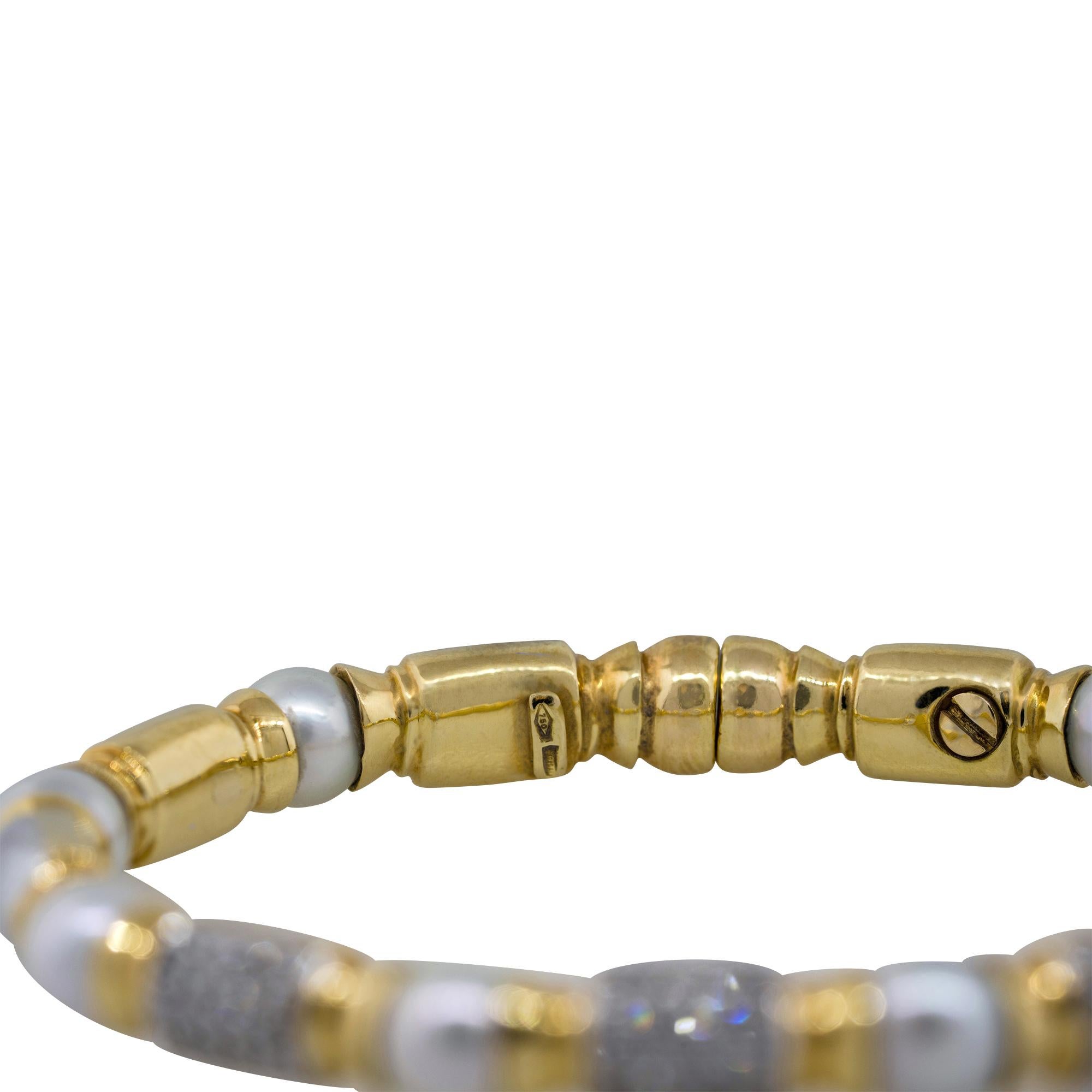 Taille ronde Bracelet manchette ouvert en or 18 carats avec perles et diamants de 0,75 carat, en stock en vente