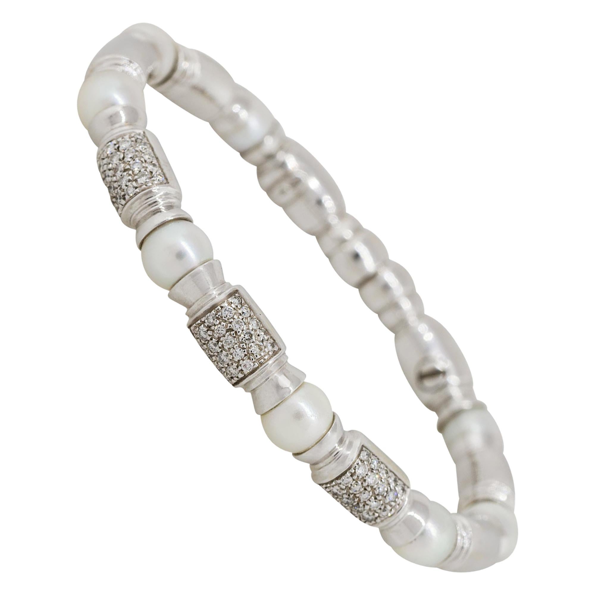 0.75 Carat Diamond Pearl Open Cuff Bangle Bracelet 18 Karat in Stock