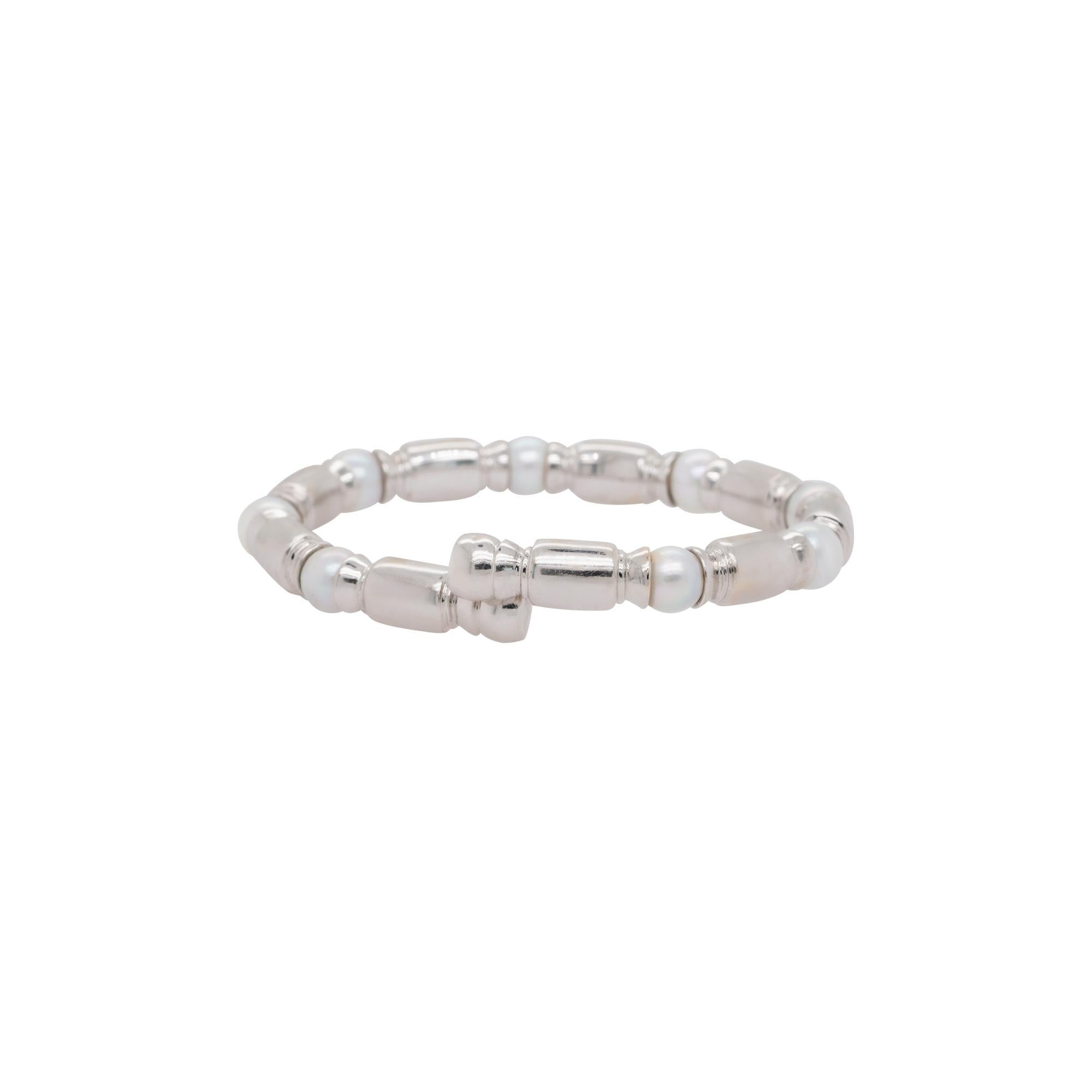 Women's 0.75 Carat Diamond & Pearl Open Cuff Bracelet 18 Karat in Stock For Sale