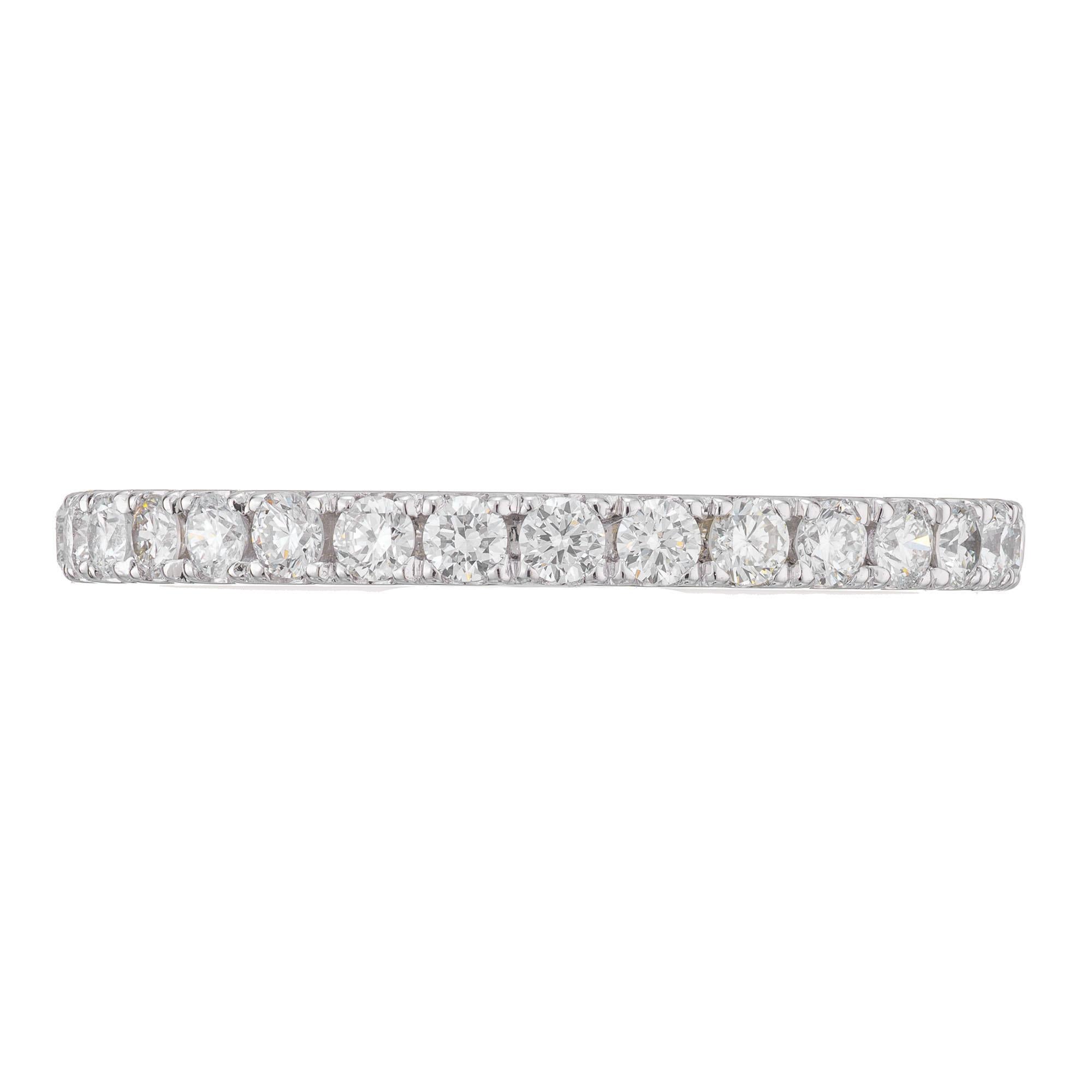 Diamond Eternity band ring. 31 round brilliant cut diamonds in a platinum setting. 

31 round brilliant cut Diamonds, approx. total weight .75cts, G – H, VS – SI 
Size 6.5 and orders taken 
950 Platinum 
Tested: Platinum 
Stamped: Pt 950 
2.8 grams
