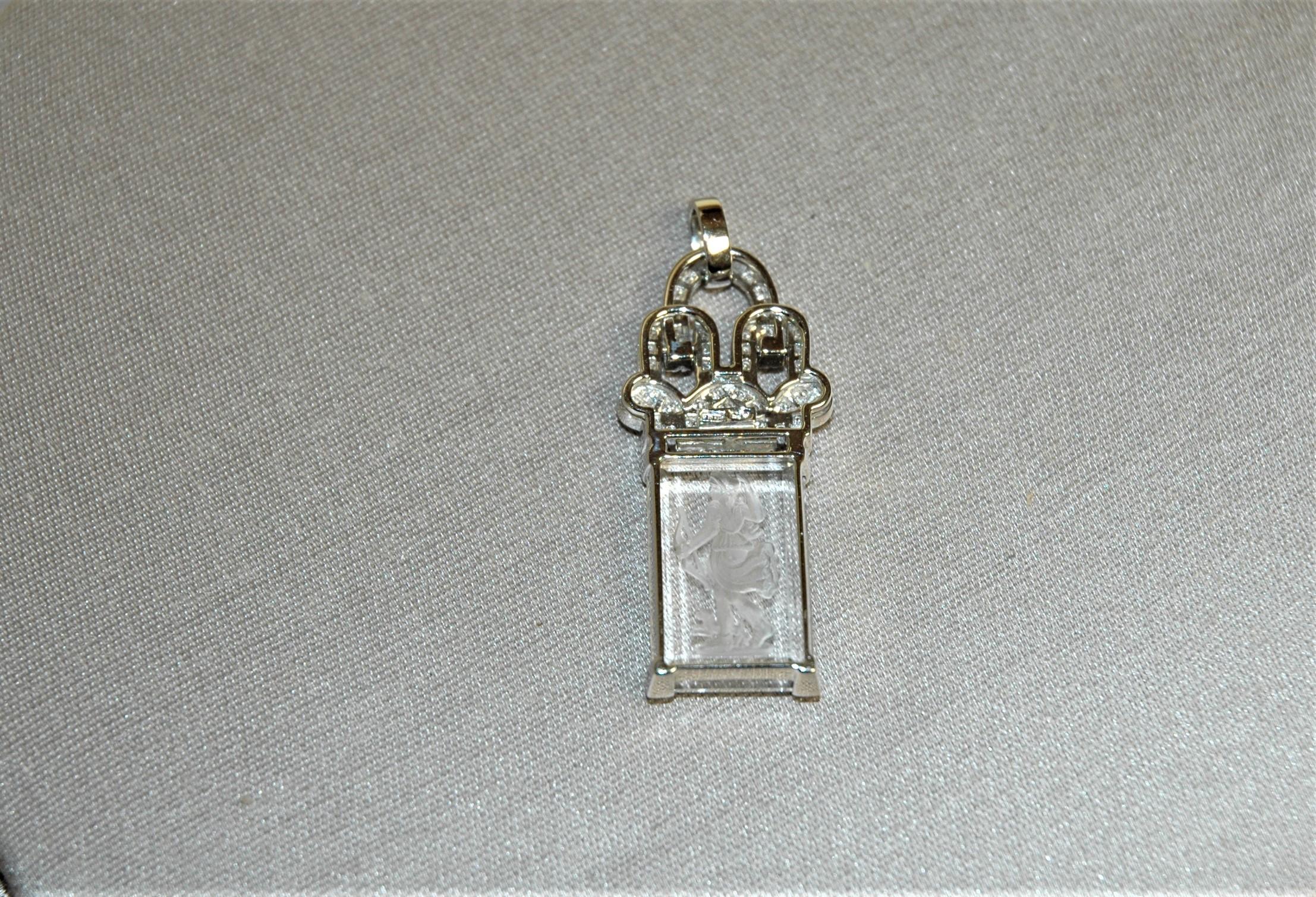 Art Nouveau 0.75 Carat Diamond White Gold Pendant neckalace, Engraved Rock Cristal Element For Sale