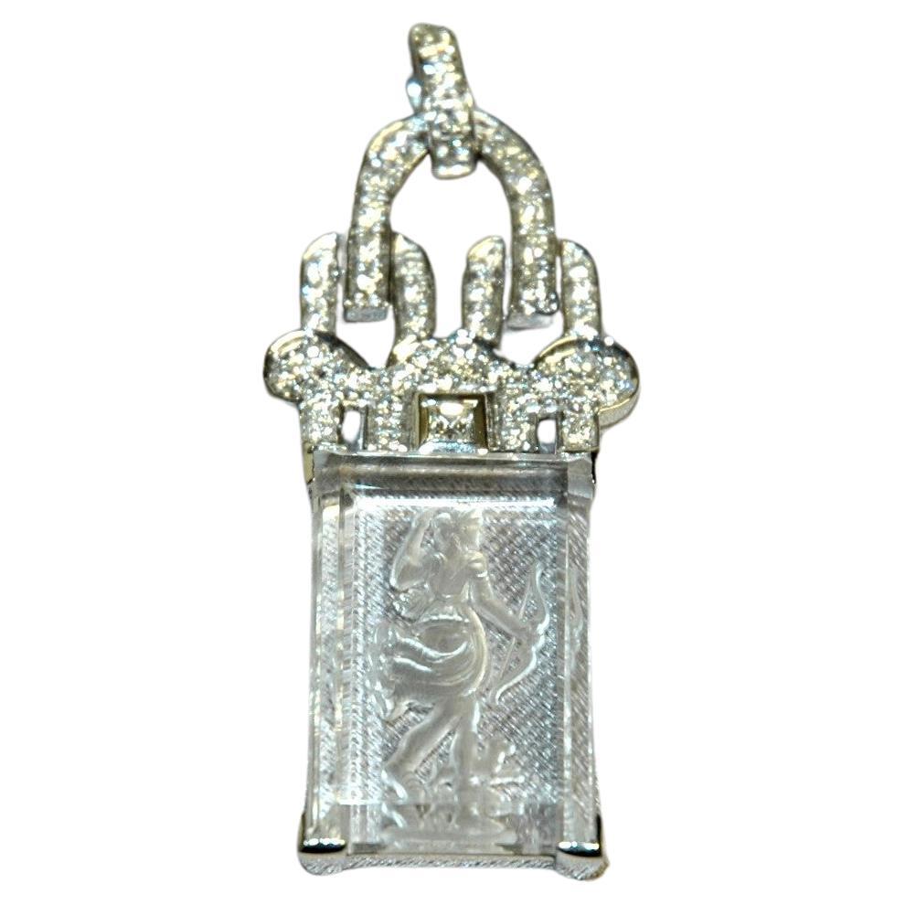0.75 Carat Diamond White Gold Pendant neckalace, Engraved Rock Cristal Element For Sale