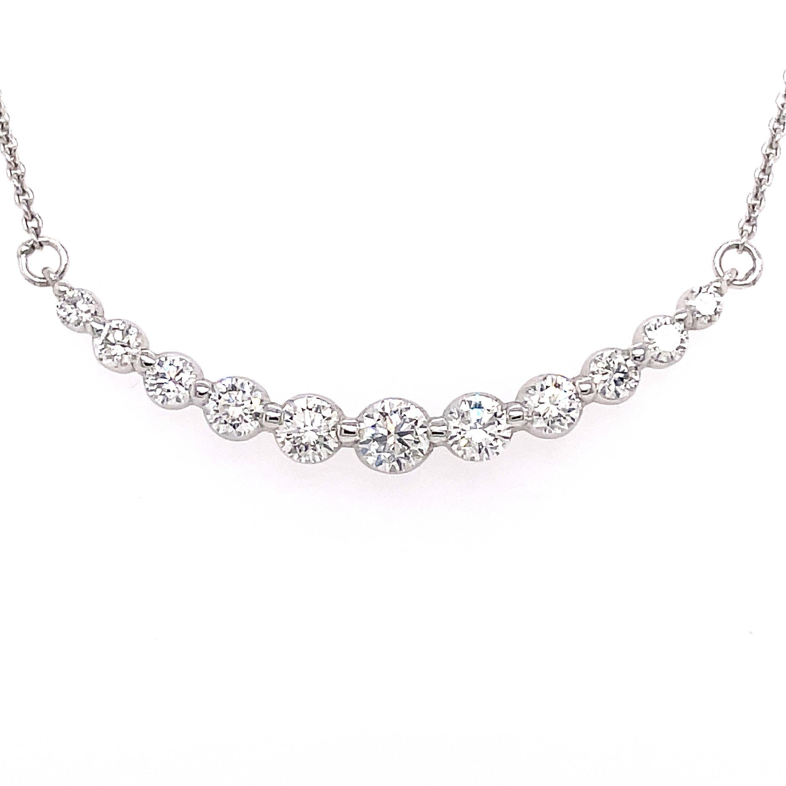 0.75 Carat Eleven Diamond Graduated Necklace in 18K White Gold

Simple yet elegant graduated diamond necklace in white gold. It's a beautiful, chic necklace that is so versatile it'll go with a large part of your wardrobe.

Specifications:
-18K