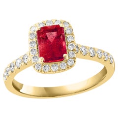 0.75 Carat Emerald Cut Ruby Diamond Engagement Ring in 18K Yellow Gold