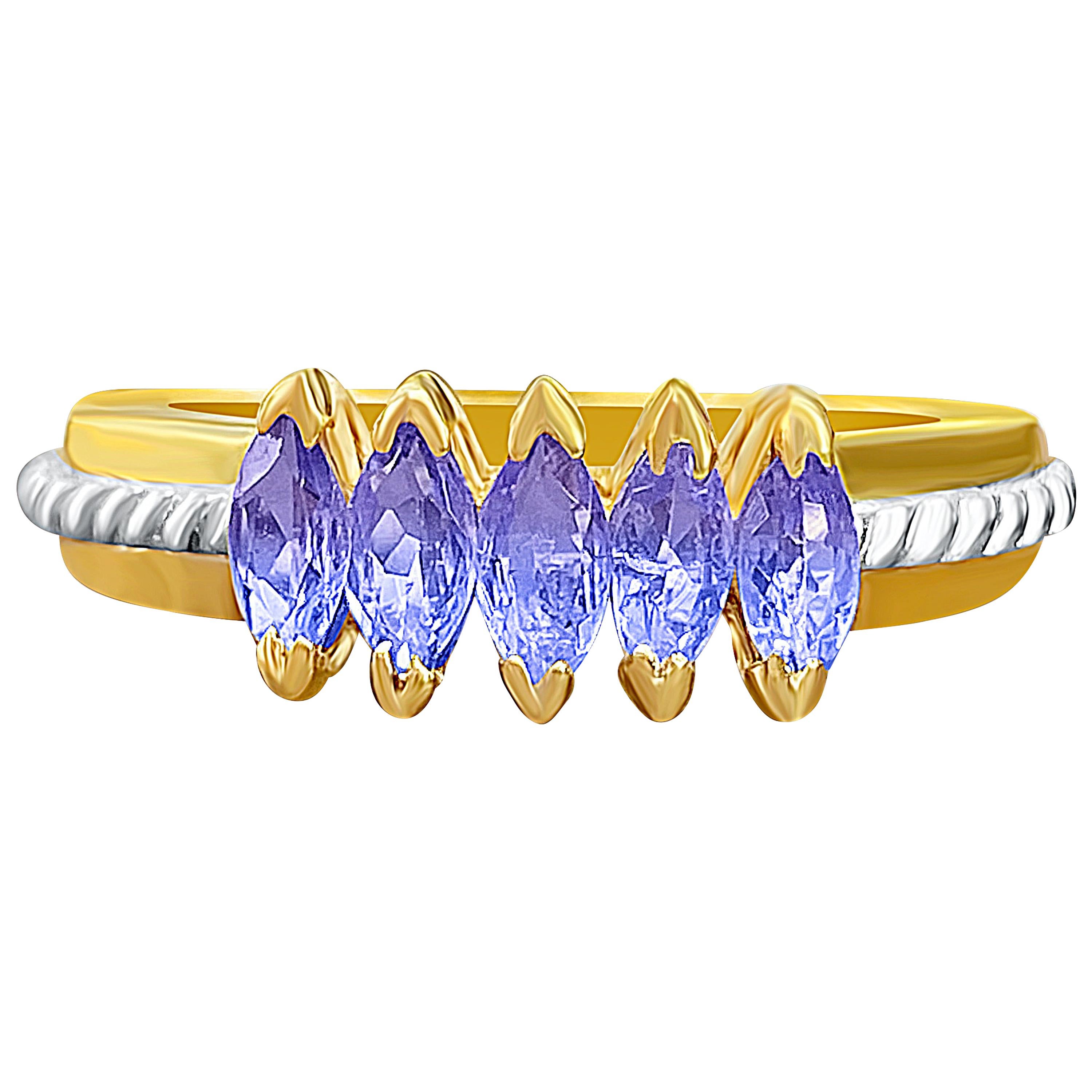 Bague en or jaune et jaune 14 carats avec tanzanite taillée en marquise de 0,75 carat