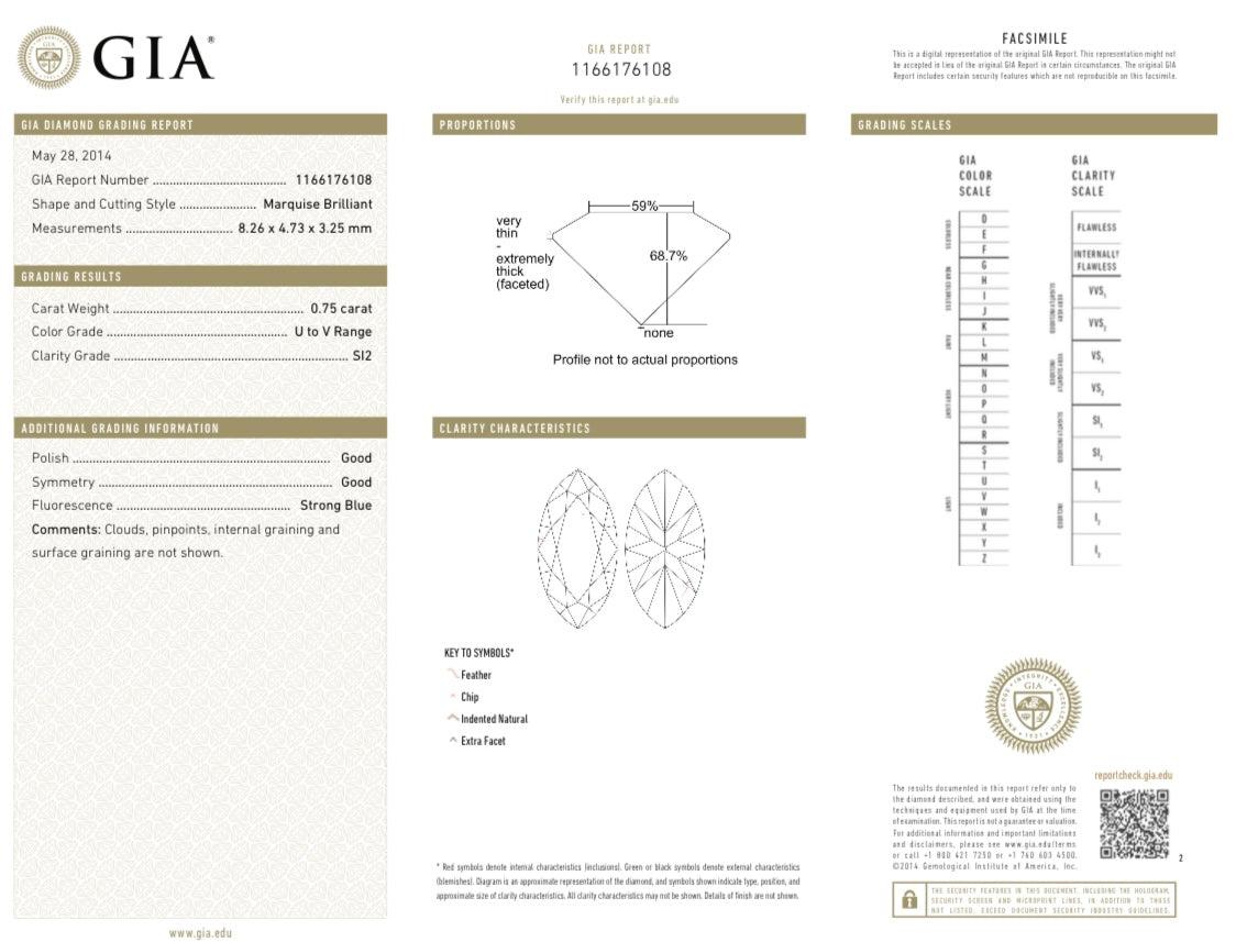 0.75 CARAT MARQUISE BRILLIANT GIA CERTIFIED U to v RANGE SI2 CLARITY DIAMOND In Good Condition For Sale In New York, NY