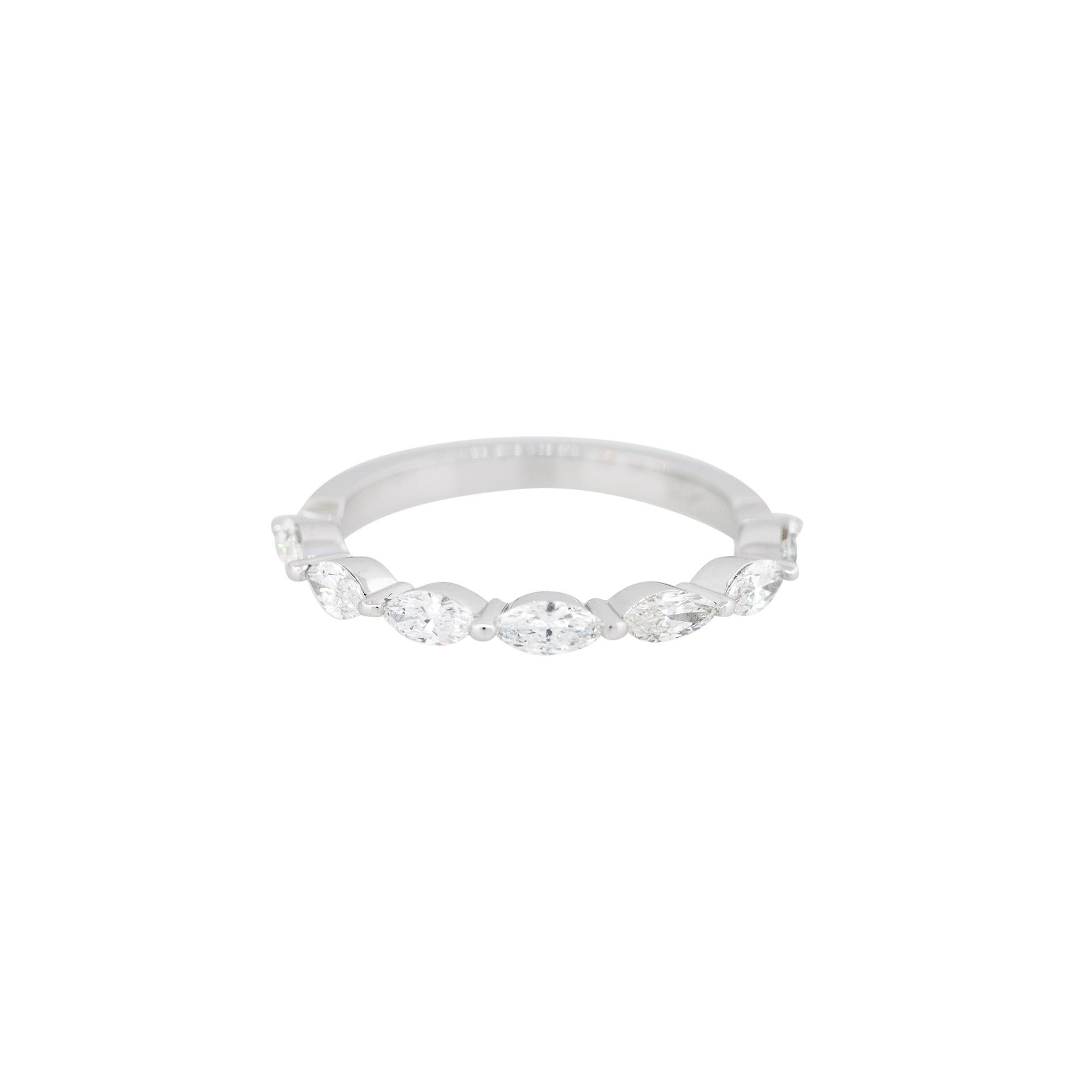 14k White Gold 0.75ctw Marquise Cut Diamond Half Way Band
Material: 14k White Gold
Diamond Details: Approximately 0.75ctw of Marquise Cut Diamonds. There are 7 stones total and all diamonds are approximately G/H in color and approximately VS/SI in