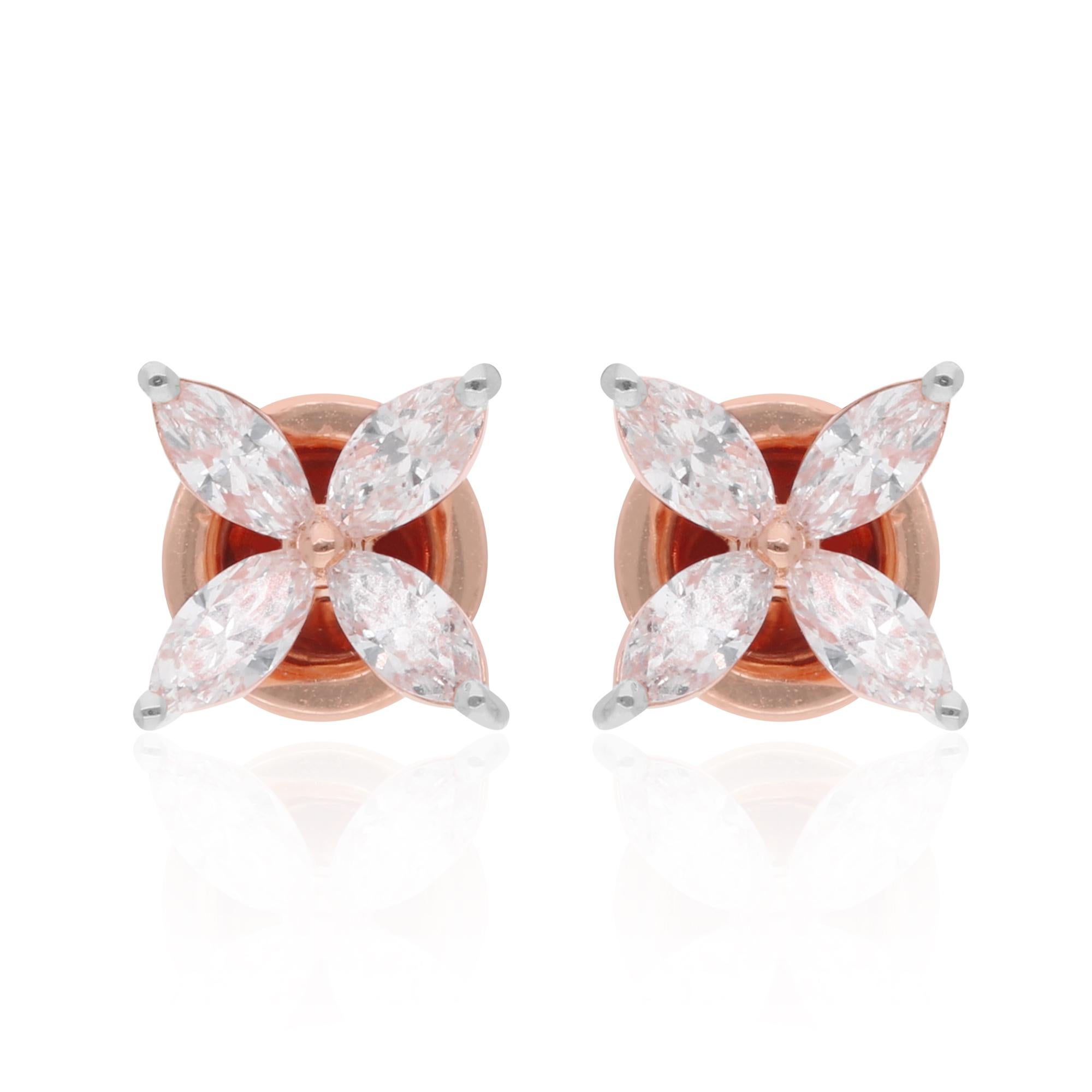 Pear Cut 0.75 Carat Marquise Diamond Flower Stud Earrings 18 Karat Rose Gold Jewelry For Sale