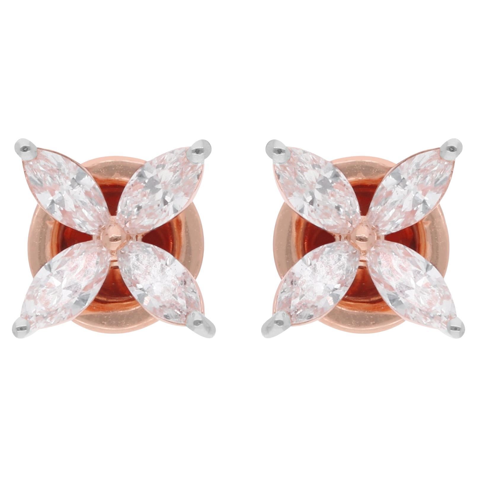 0.75 Carat Marquise Diamond Flower Stud Earrings 18 Karat Rose Gold Jewelry For Sale