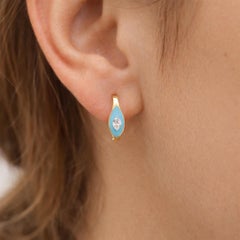 0.75 Carat Marquise Diamond Turquoise Enamel Half Hoop Earrings 14k Yellow Gold