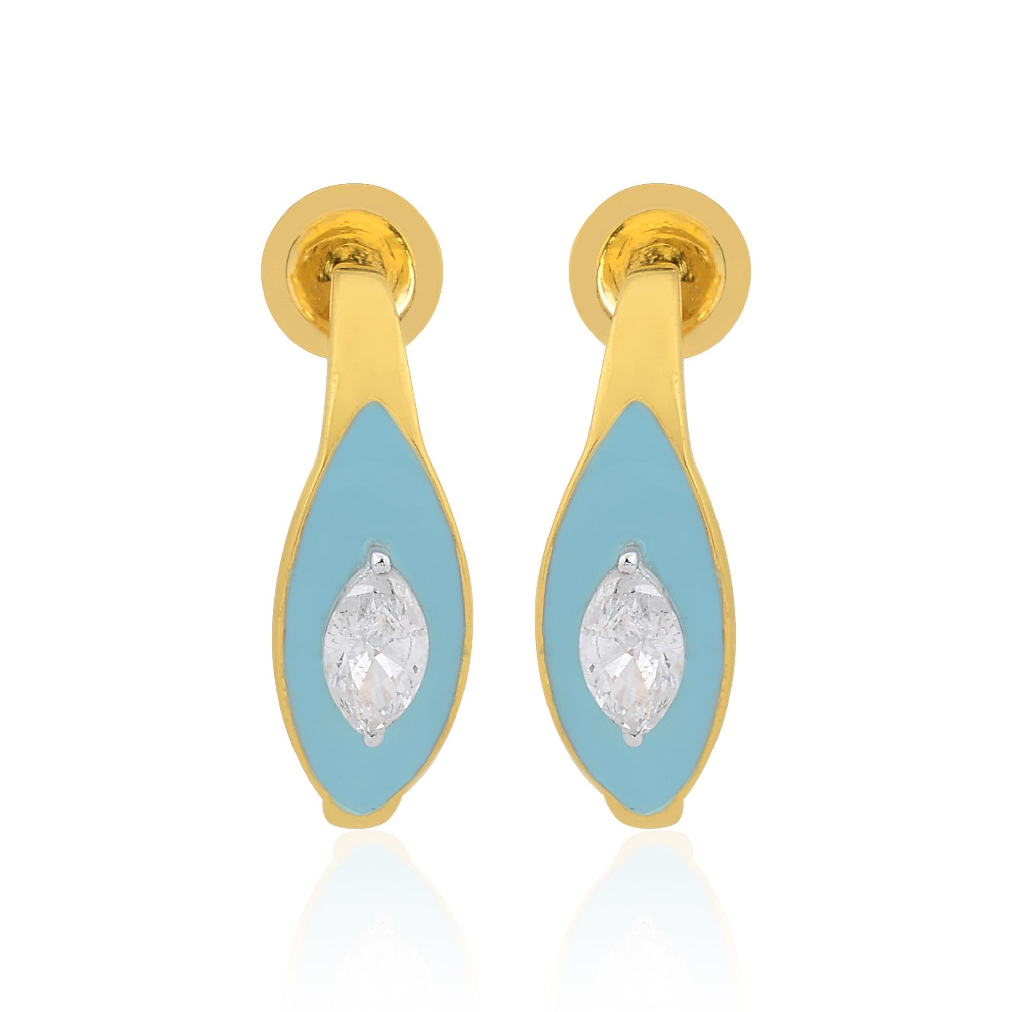 Modern 0.75 Carat Marquise Diamond Turquoise Enamel Half Hoop Earrings 14k Yellow Gold For Sale